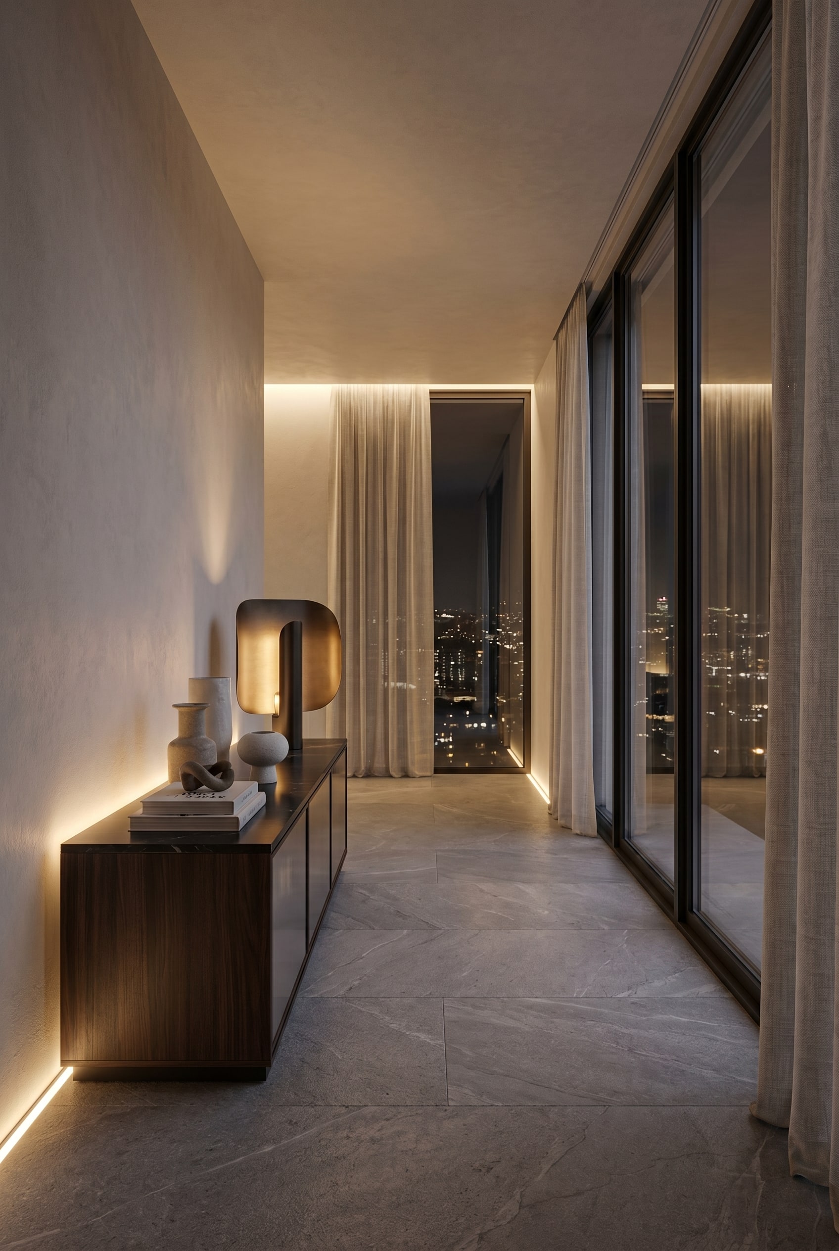 Luxe woonkamer met donkerhouten dressoir en sculpturale tafellamp van geborsteld messing