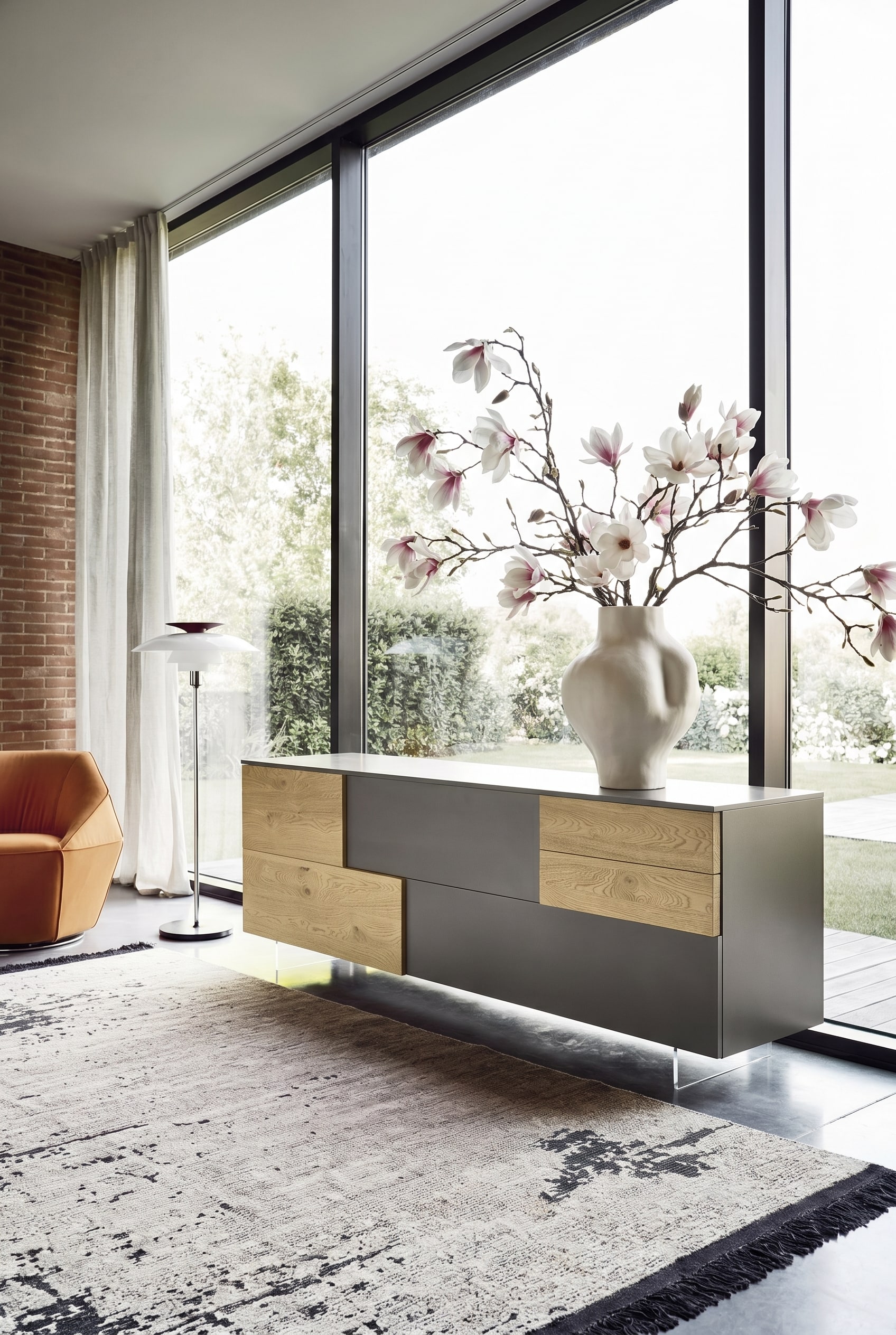 Asymmetrisches Designer-Sideboard mit versetzten Ebenen, darauf eine au&szlig;ermittig platzierte Vase mit langen Magnolienzweigen