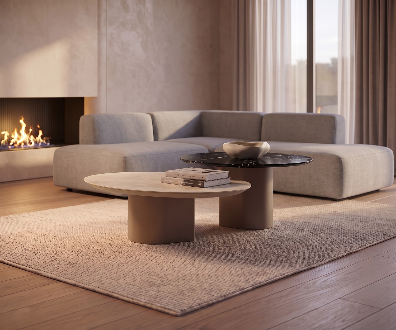 al2 dakry 006 coffee table set in a modern living room. Organic shaped wood and black marble tables next to a grey sofa.