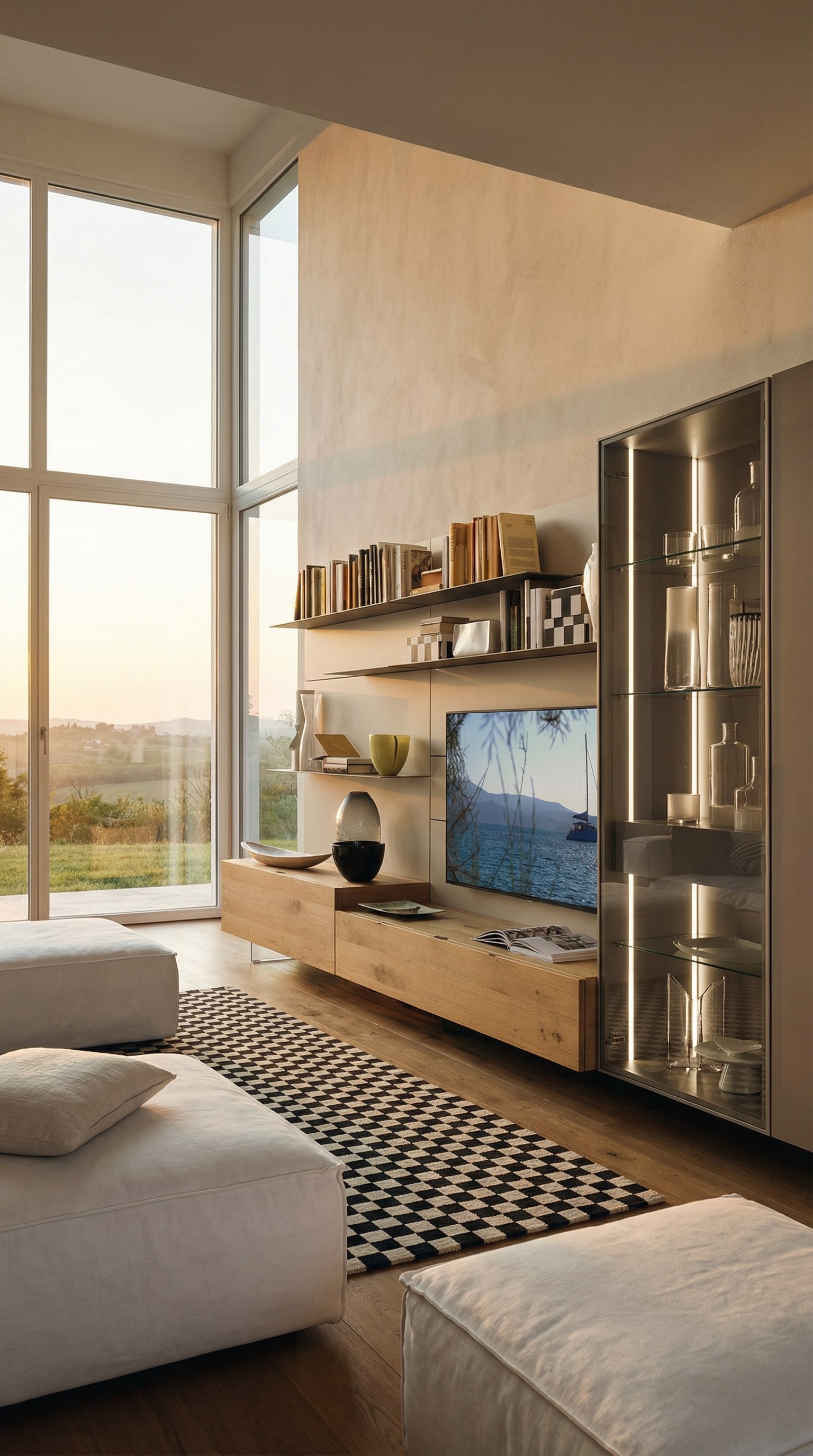 Illuminated Smoked Glass Display Cabinet integrated into modern wall unit