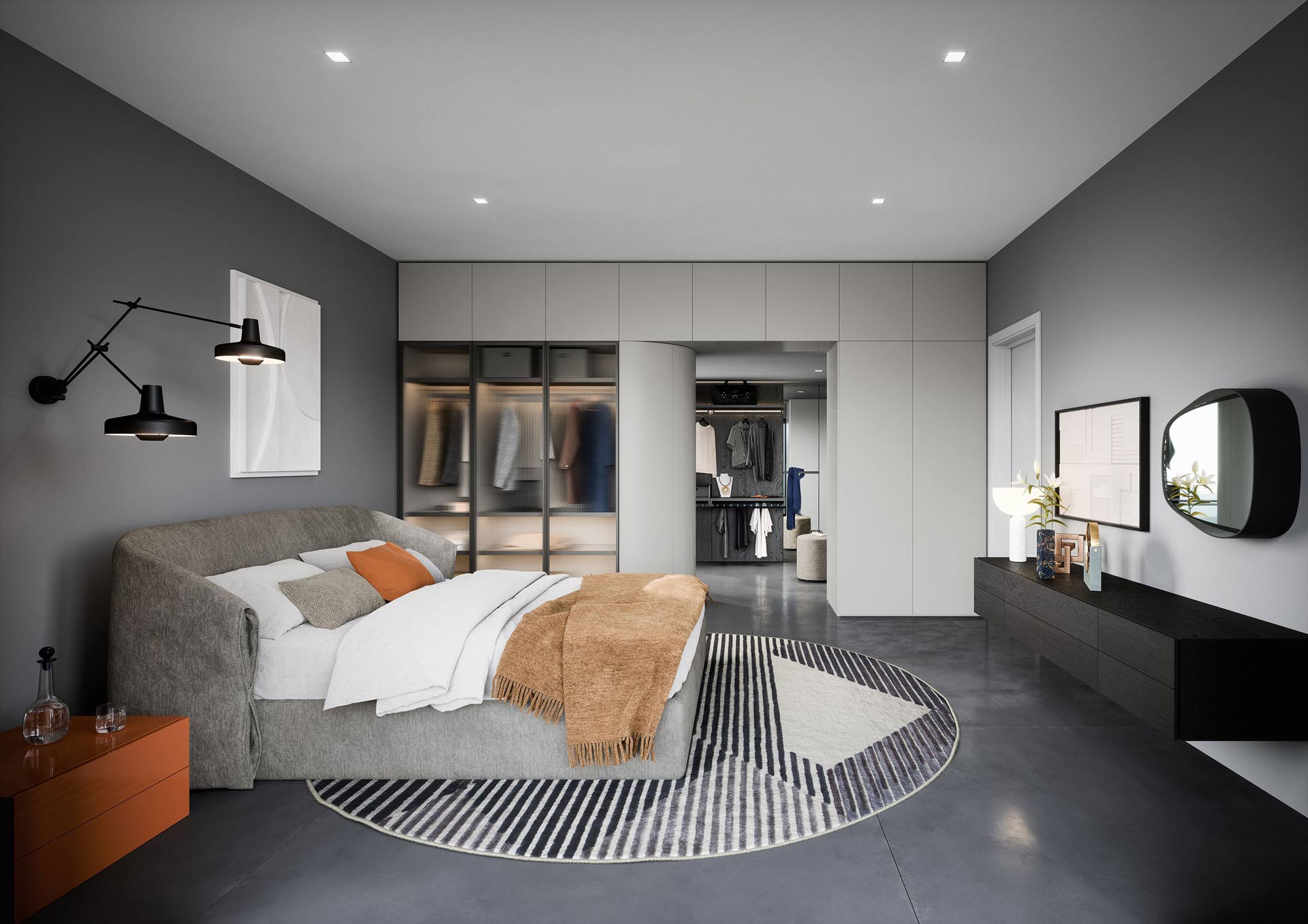 Schlafzimmer mit separatem Ankleidezimmer nach Maß mit gerippten Glastüren und Polsterbett Schlafzimmer mit separatem Ankleidezimmer nach Maß mit gerippten Glastüren und Polsterbett