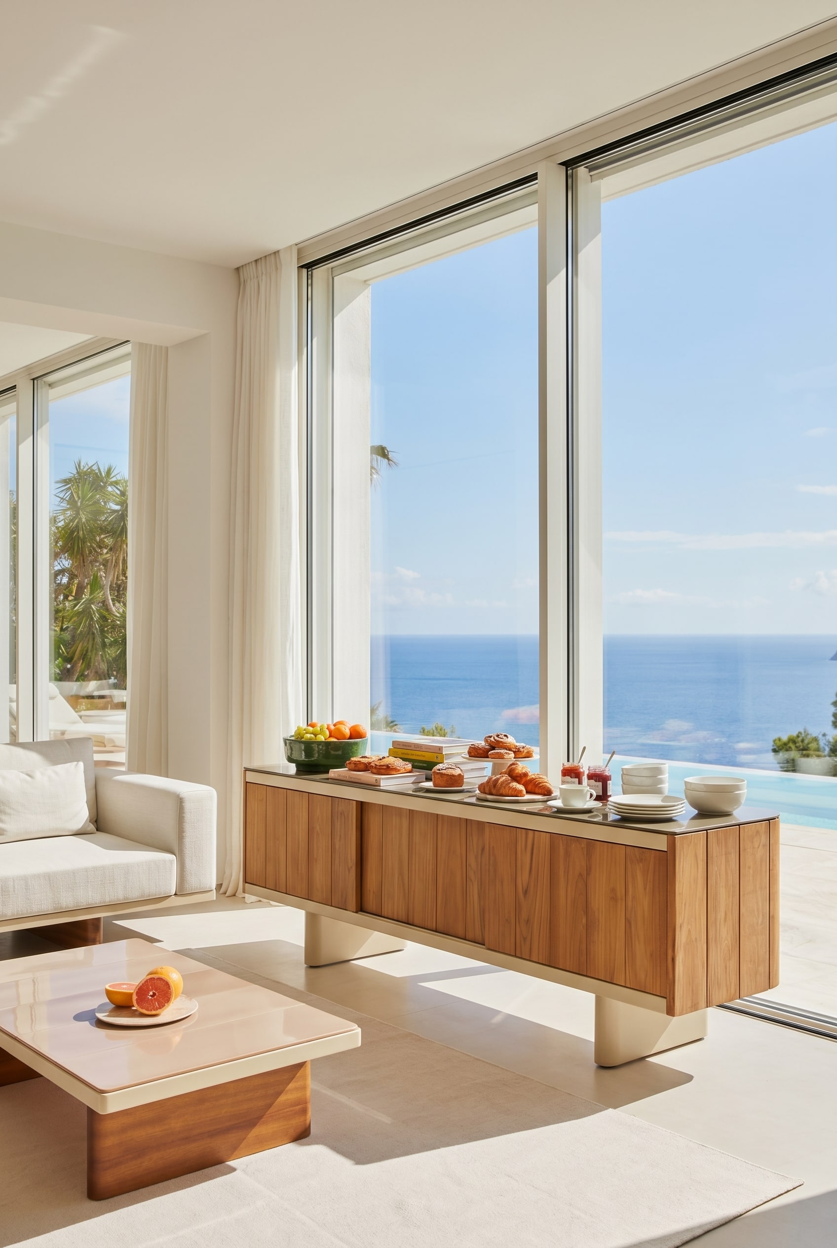 Credenza da esterno Punt Atrio in teak davanti a un'ampia vetrata con vista su un paesaggio soleggiato, decorata con frutta fresca per il brunch. Credenza da esterno Punt Atrio in teak davanti a un'ampia vetrata con vista su un paesaggio soleggiato, decorata con frutta fresca per il brunch.