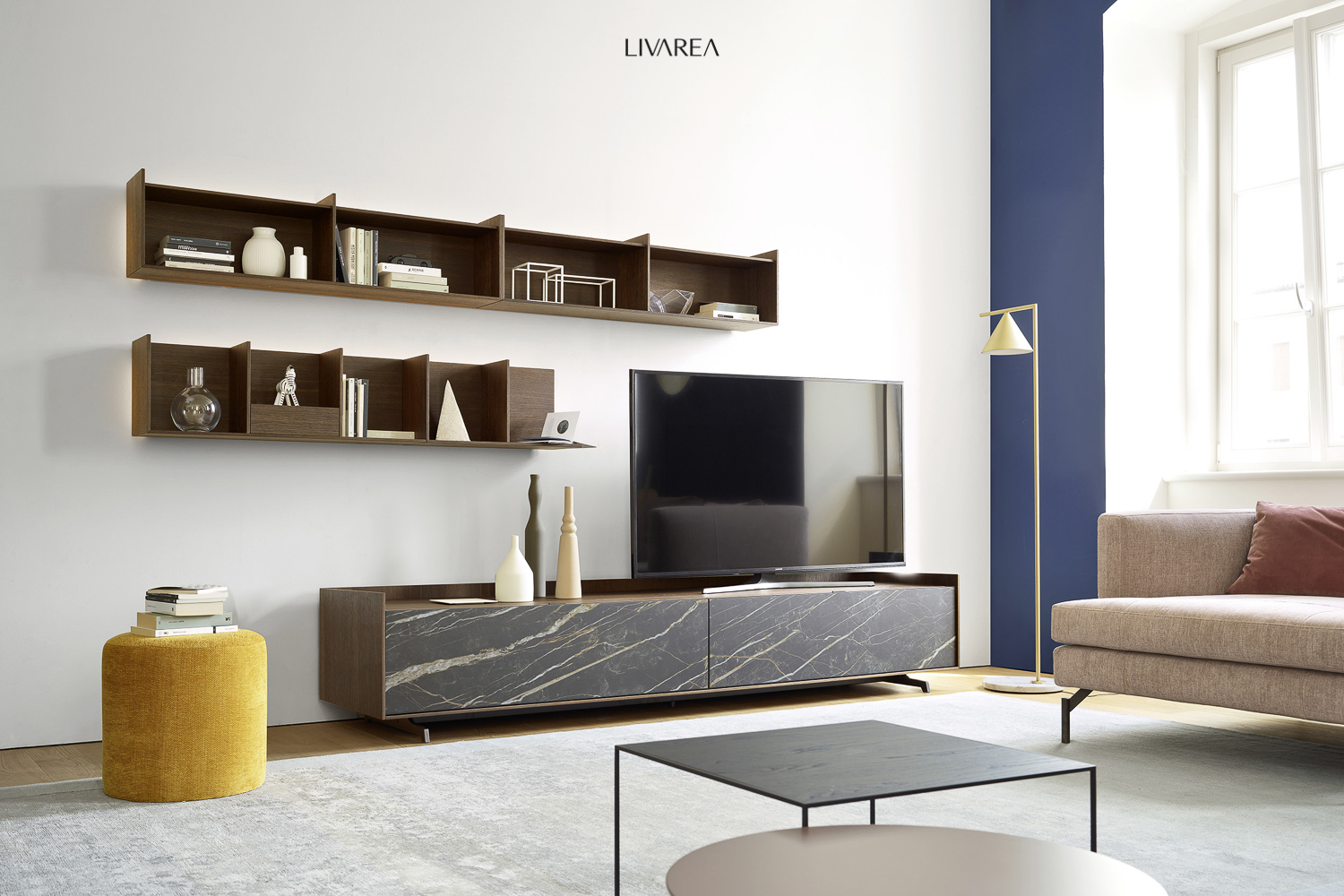 Minimalist wall unit for small rooms with wooden wall shelf lowboard 2 drawers Minimalist wall unit for small rooms with wooden wall shelf lowboard 2 drawers