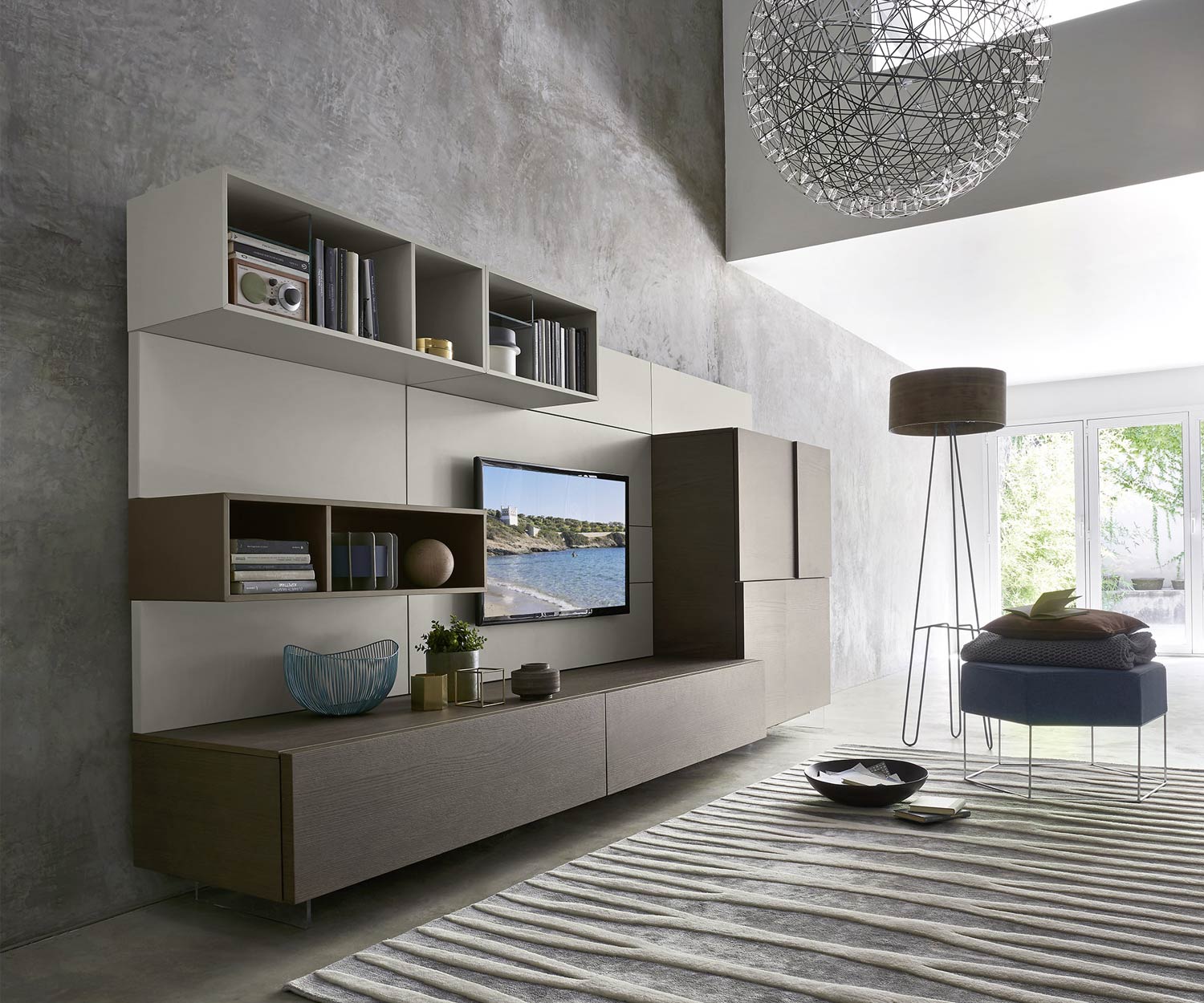 Exklusive Livitalia Design Wohnwand C34 mit Highboard in Eiche furniert