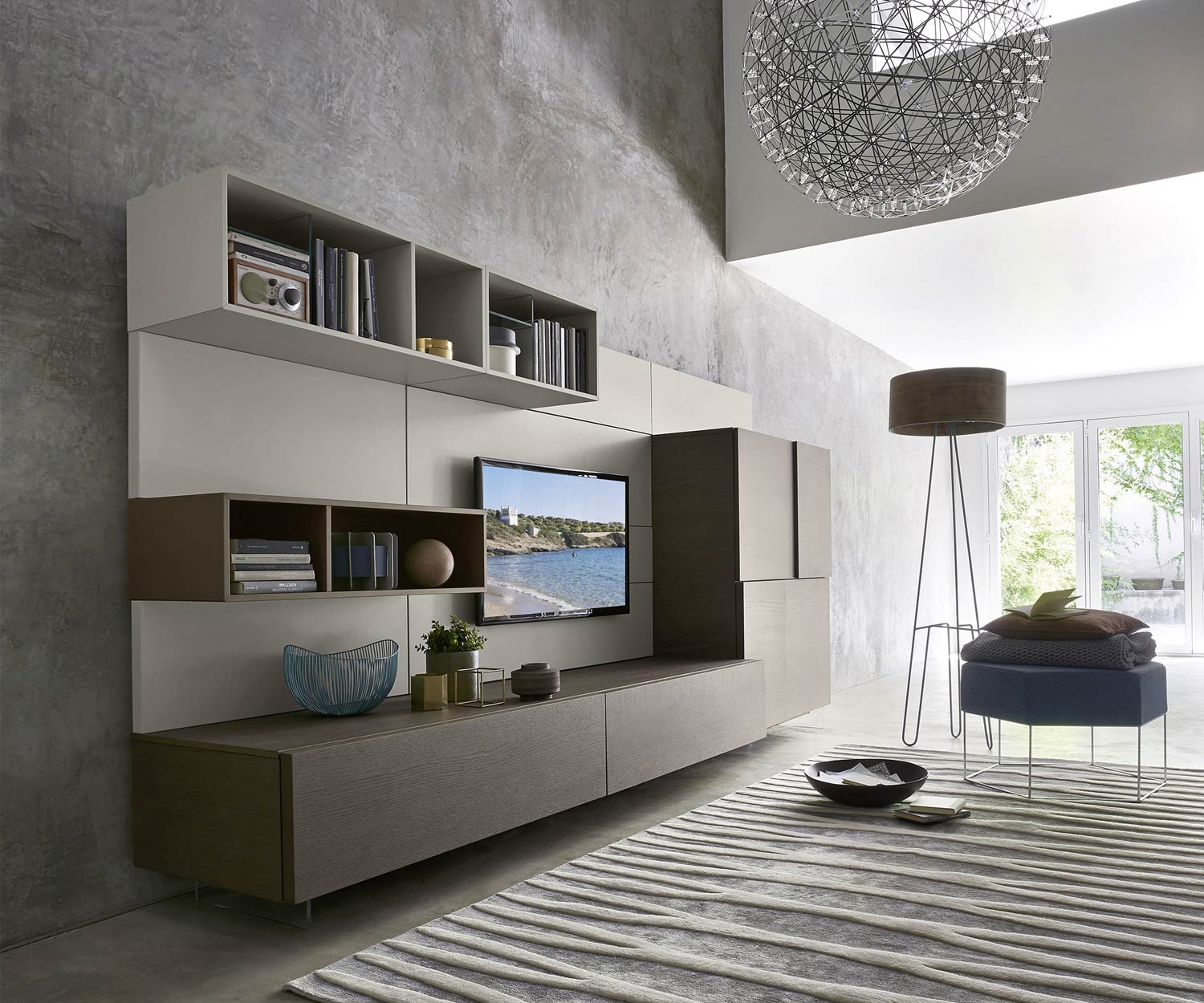 Exklusive Livitalia Design Wohnwand C34 mit Highboard in Eiche furniert Exklusive Livitalia Design Wohnwand C34 mit Highboard in Eiche furniert