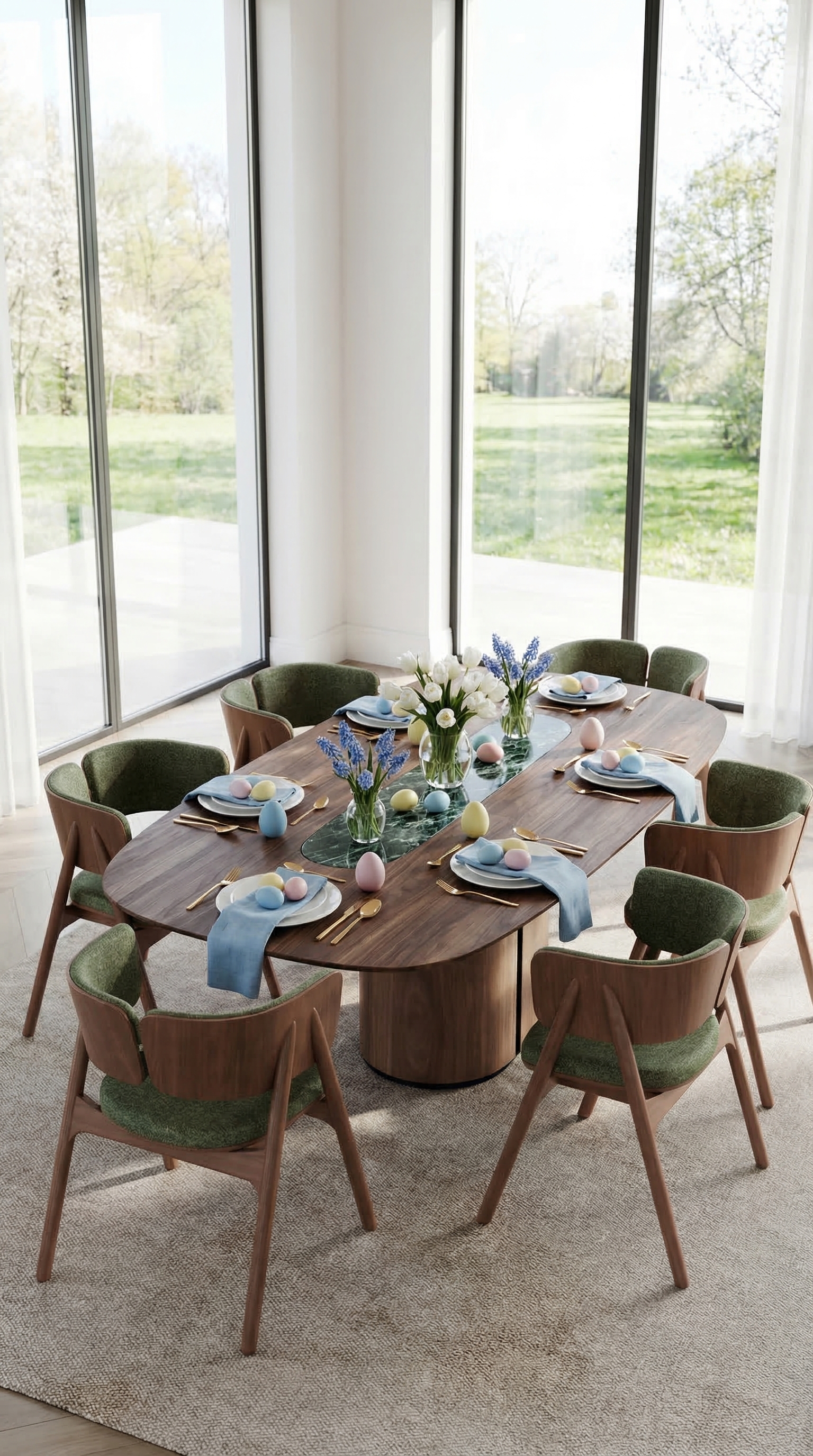 Ein stilvoll gedeckter Esstisch aus dunklem Nussbaumholz mit oesterlicher Dekoration in sanften Pastellfarben, hellem Porzellan und frischen Fruehlingsblumen.