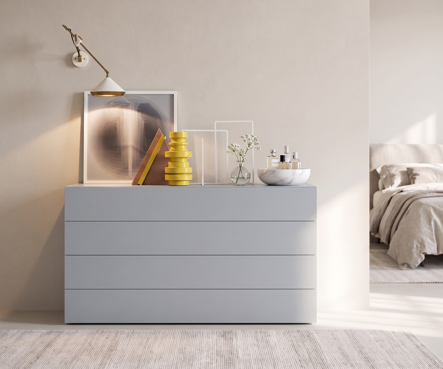 Novamobili Easy 4-drawer chest of drawers in a minimalist bedroom, handleless grey dresser for modern storage.
