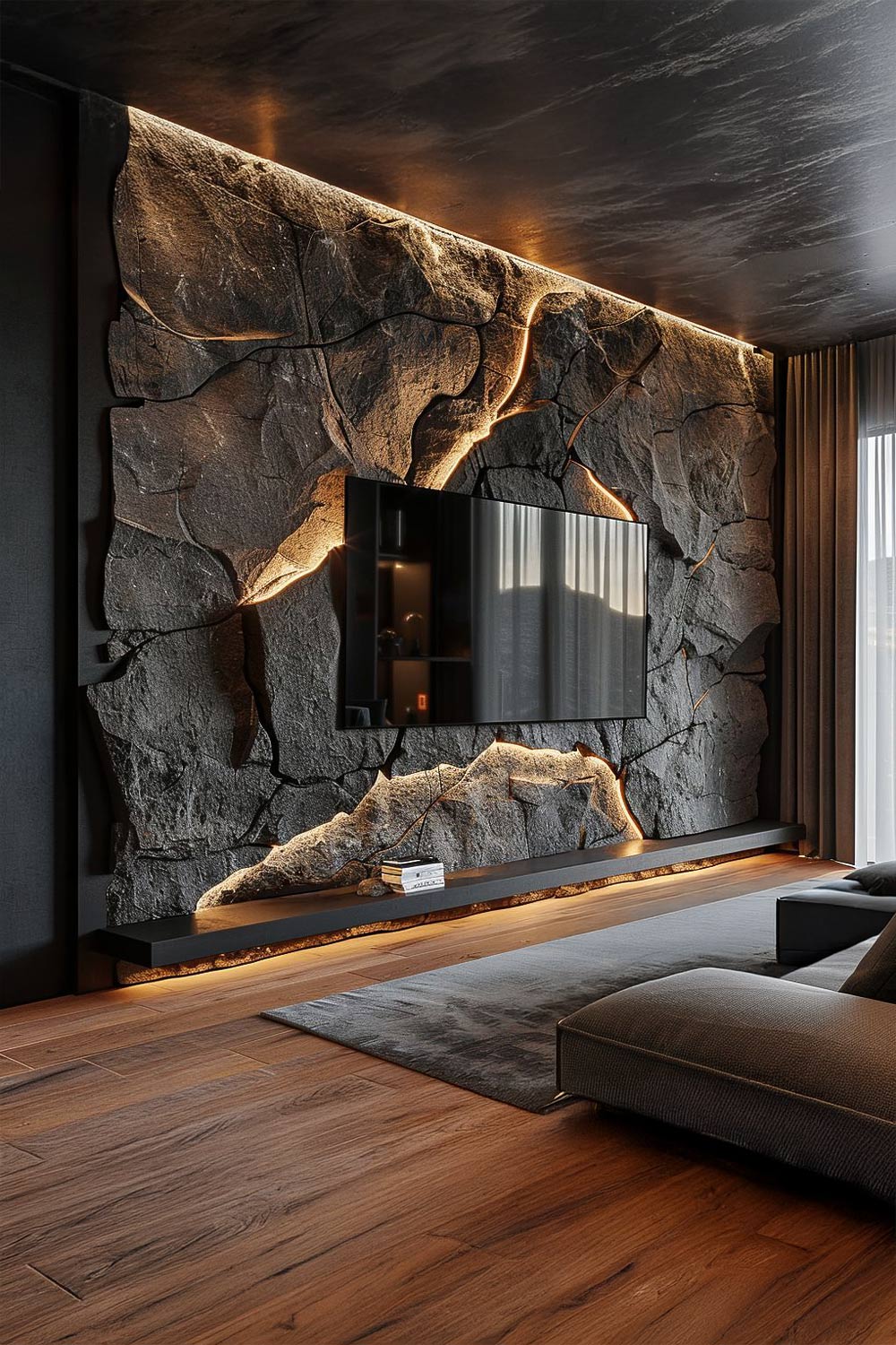 Modernes Wohnzimmer mit Steinwand und TV Flachen Wandboard mit Beleuchtung