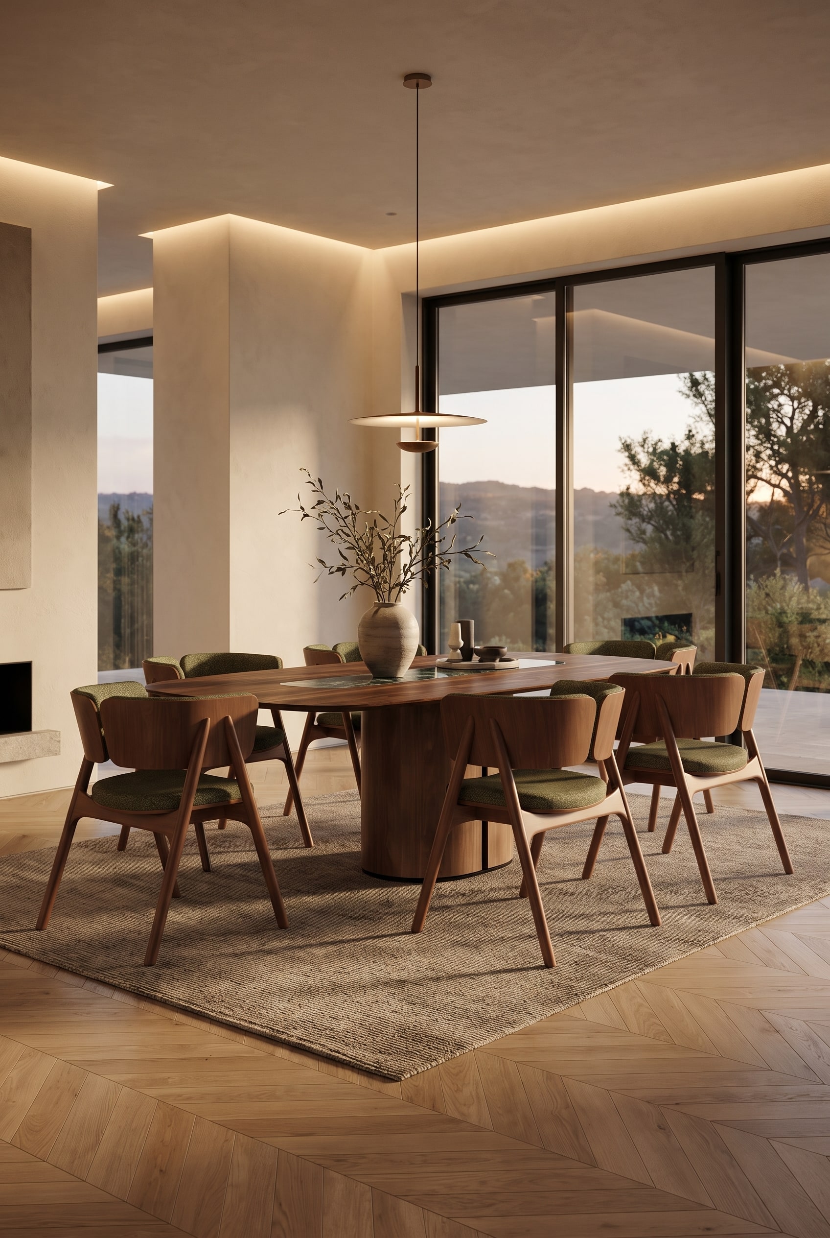 Modernes Esszimmer mit gro&szlig;em Esstisch in dunklem Holz auf hellem Parkettboden