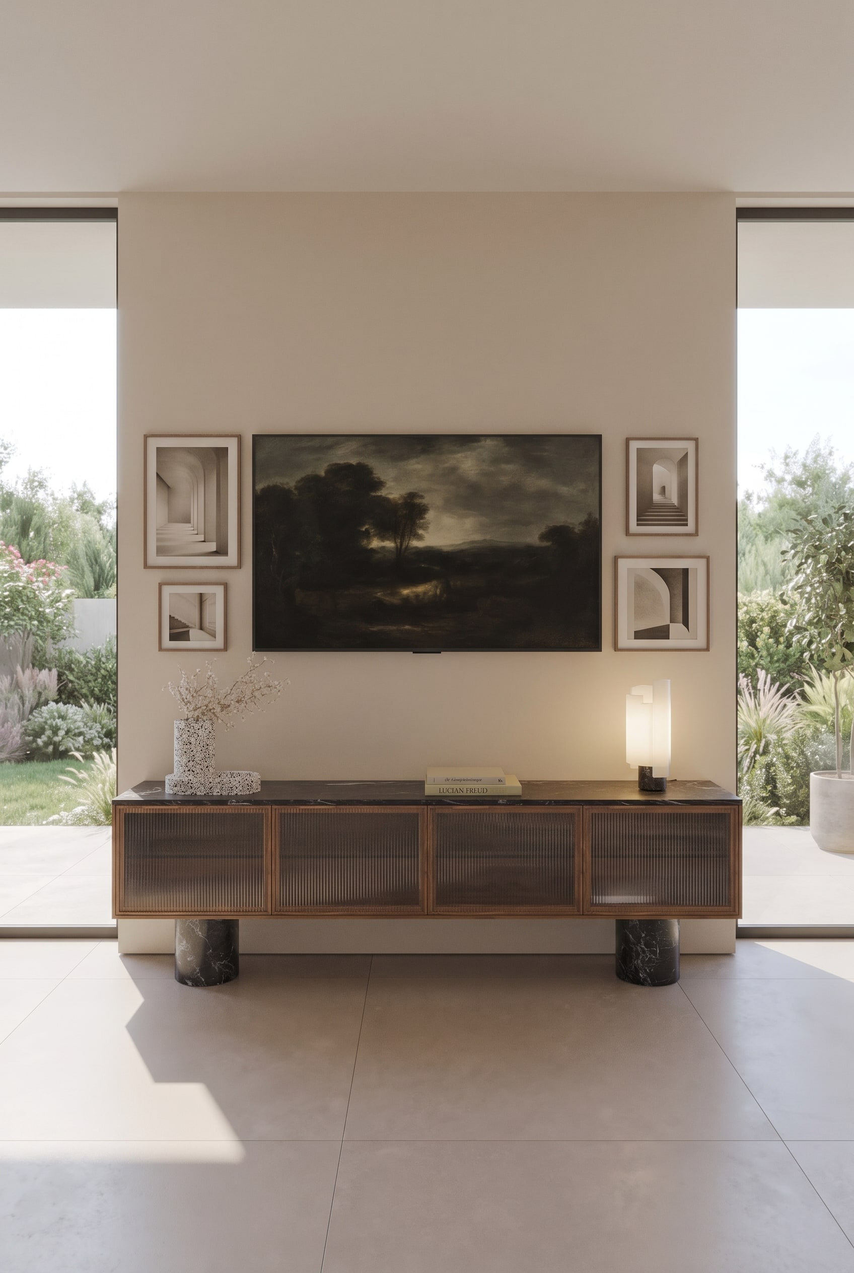 Ein mattes Punt Rio Sideboard in Anthrazit vor einer Wand, &uuml;ber dem ein Fernseher als klassisch gerahmtes Kunstwerk h&auml;ngt.