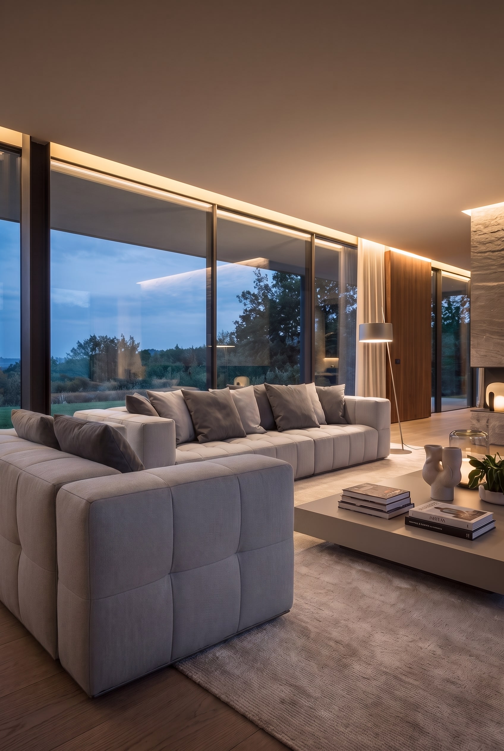 Grijze loungebank in zijaanzicht op een groot licht tapijt, dat de strakke architectonische lijnen van het meubel benadrukt.