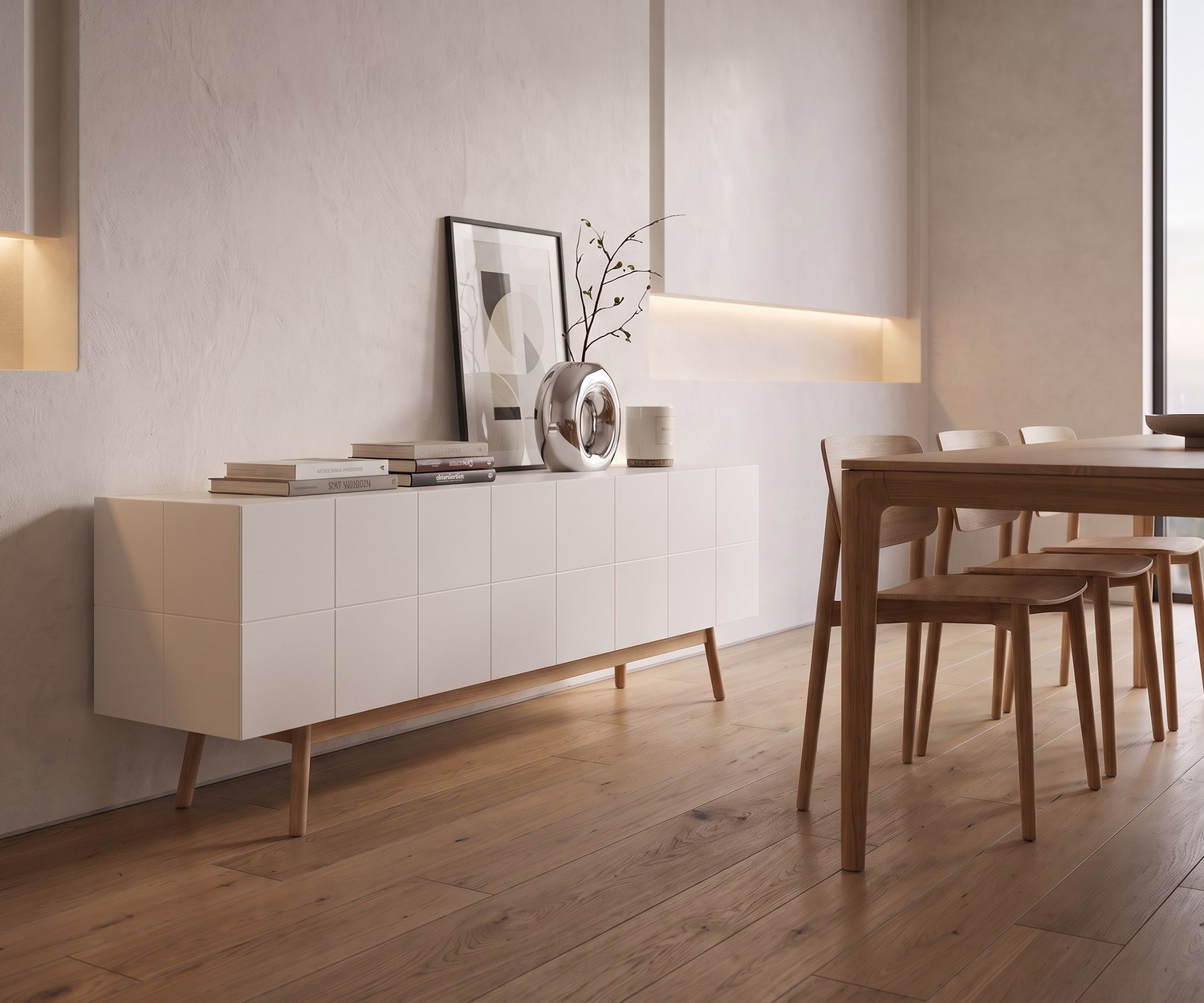 al2 MOS-I-KO 003 B White Designer Sideboard with Wood Legs al2 MOS-I-KO 003 B design sideboard in a minimalist hallway. White lacquered cabinet with wooden legs and tile-style front.
