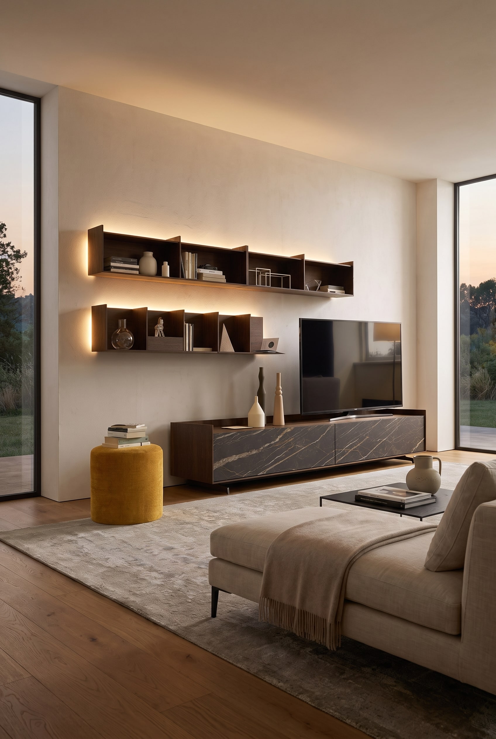 wandregal wohnzimmer ideen: Wohnzimmer mit Wandregal aus Eichenholz und minimalistischem Sofa