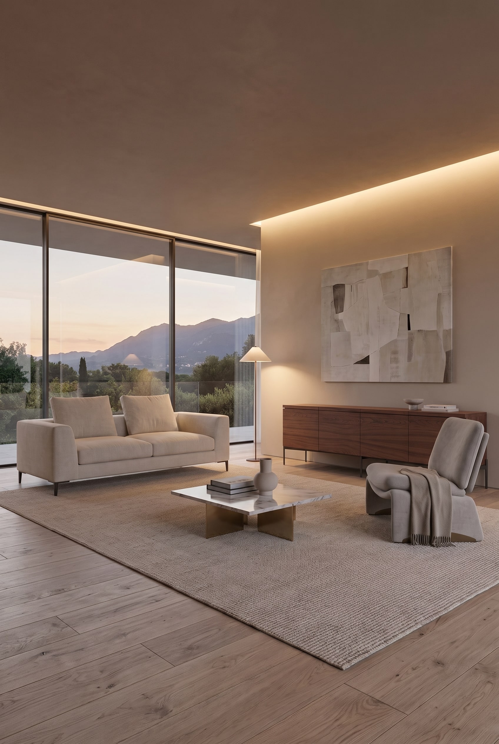 Living room at sunset, light sofa and armchair in the foreground, dark wood sideboard in the background.