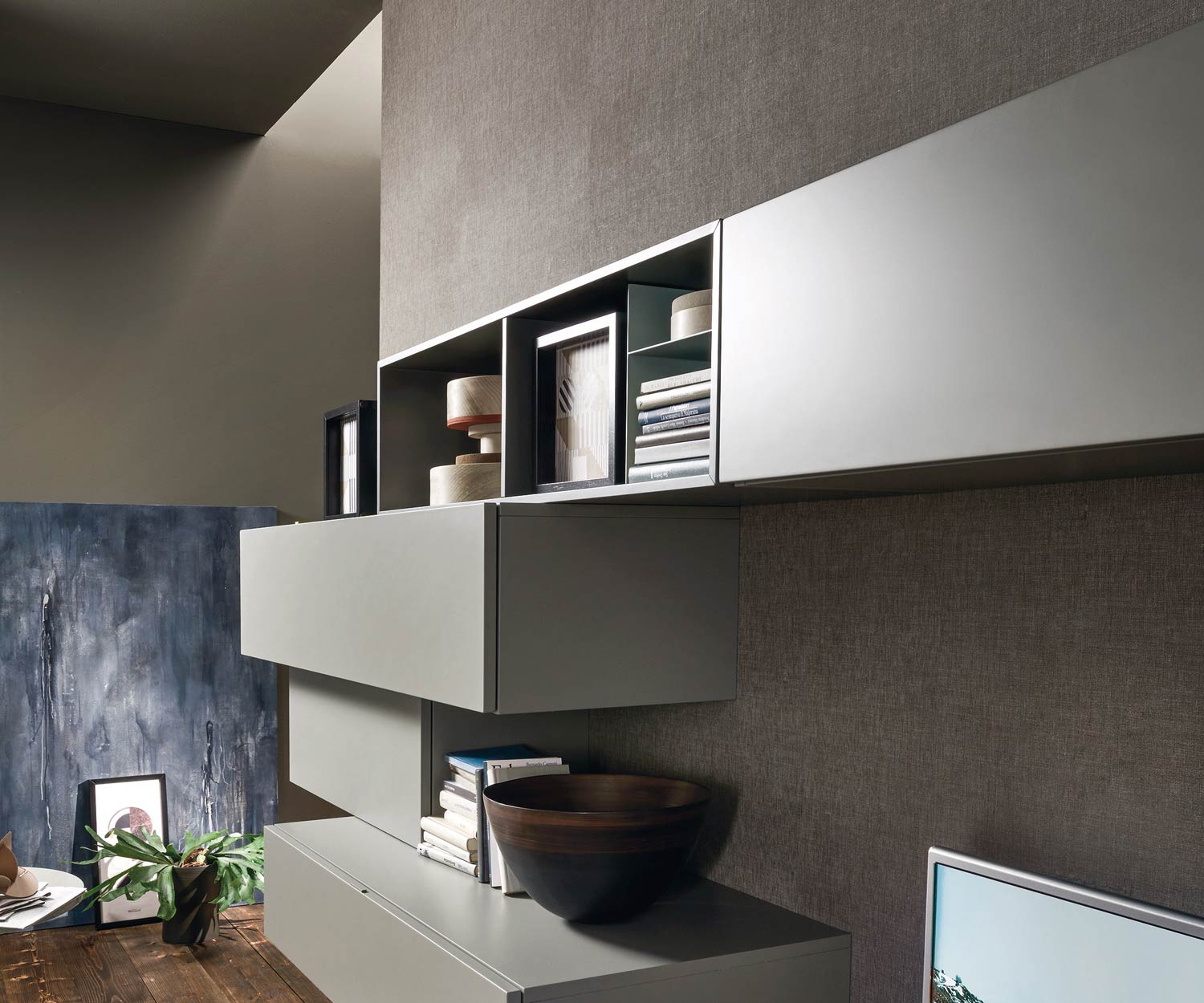 Hochwertige schwebende Livitalia Design Wohnwand C02 mit offenem Element Hochwertige schwebende Livitalia Design Wohnwand C02 mit offenem Element