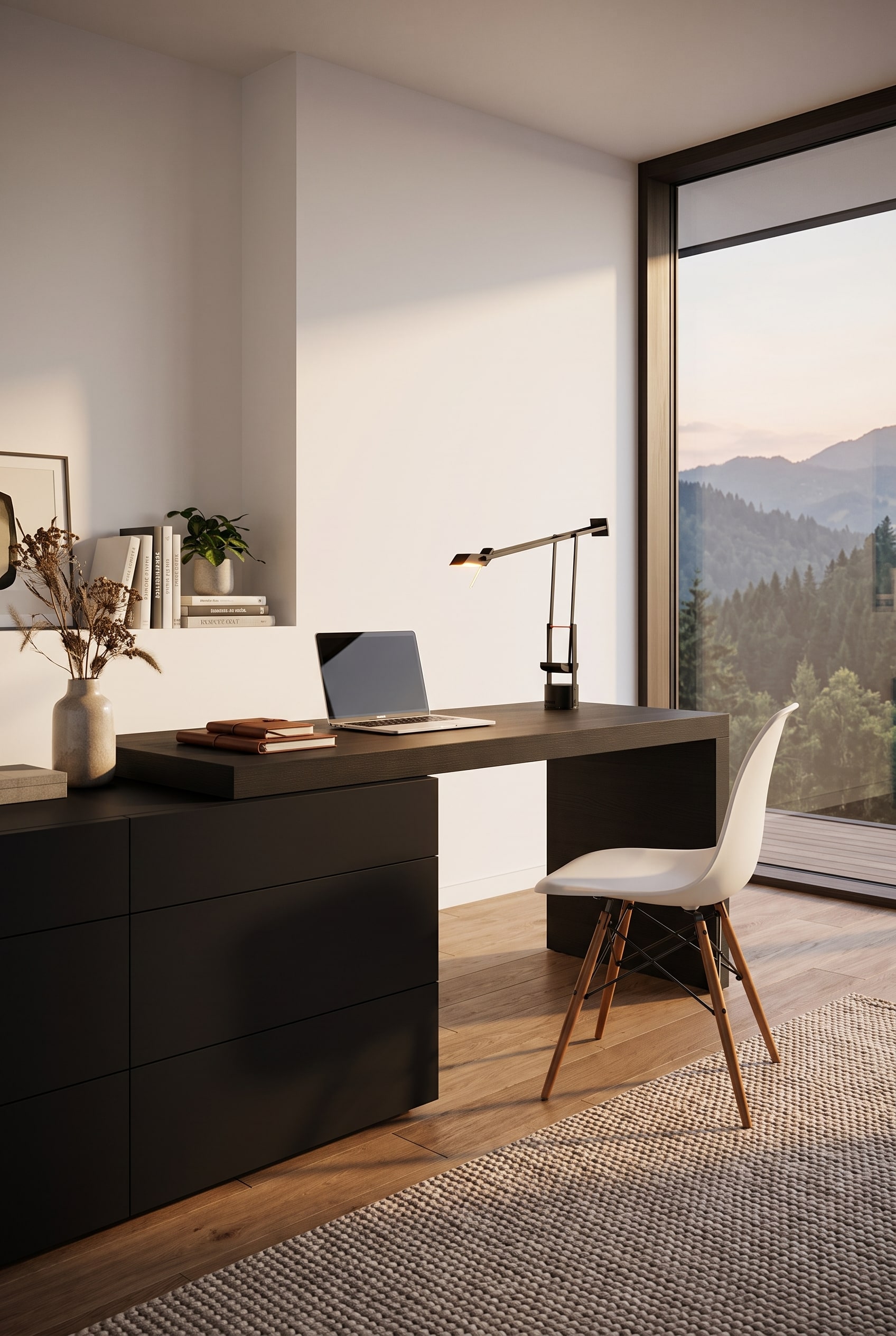Matte black chest of drawers with integrated desk in a tidy home office in front of a light wall