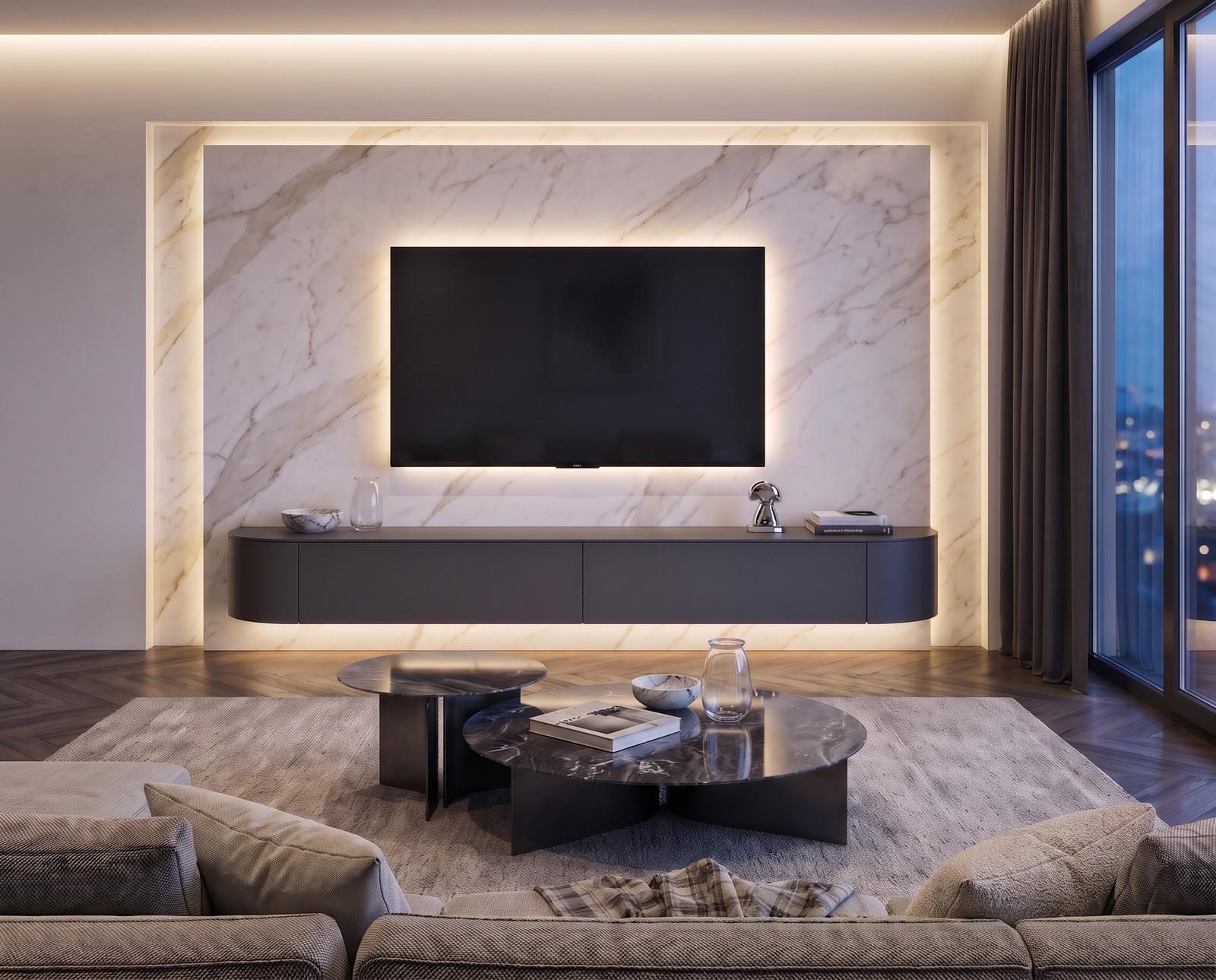 Novamobili Tondora lowboard in matt dark grey, W 240 cm, wall-mounted in a living room Novamobili Tondora lowboard in matt dark grey, W 240 cm, wall-mounted in a living room
