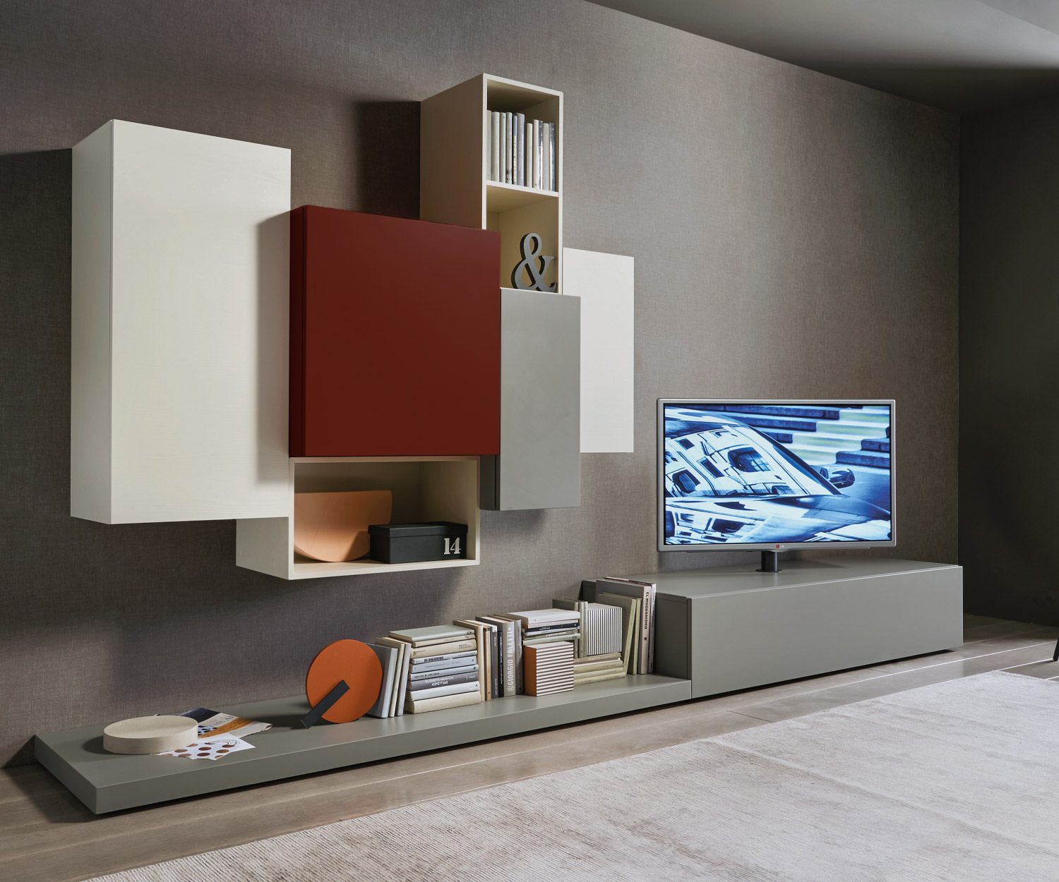 Minimalistische Designer Wohnwand C49 mit Hängeschränken und Design Lowboard plus TV Halterung