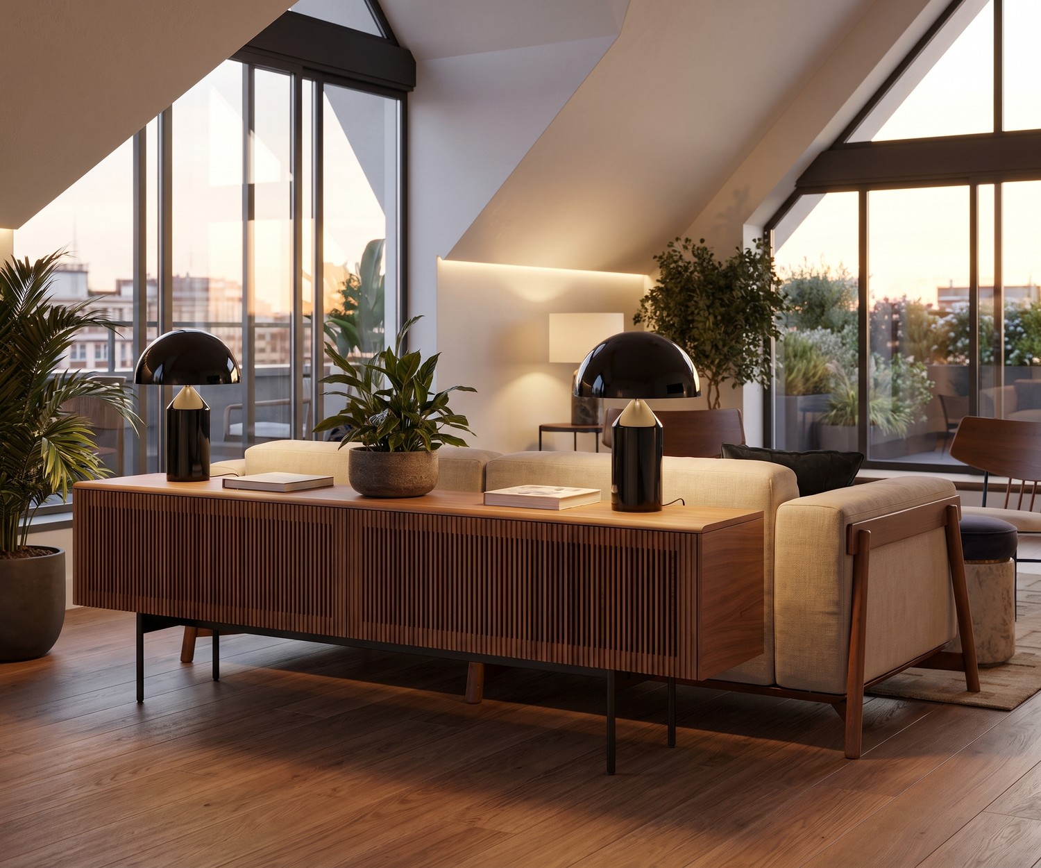 Punt Malmö TV lowboard with slatted wood front in a stylish modern penthouse living room.