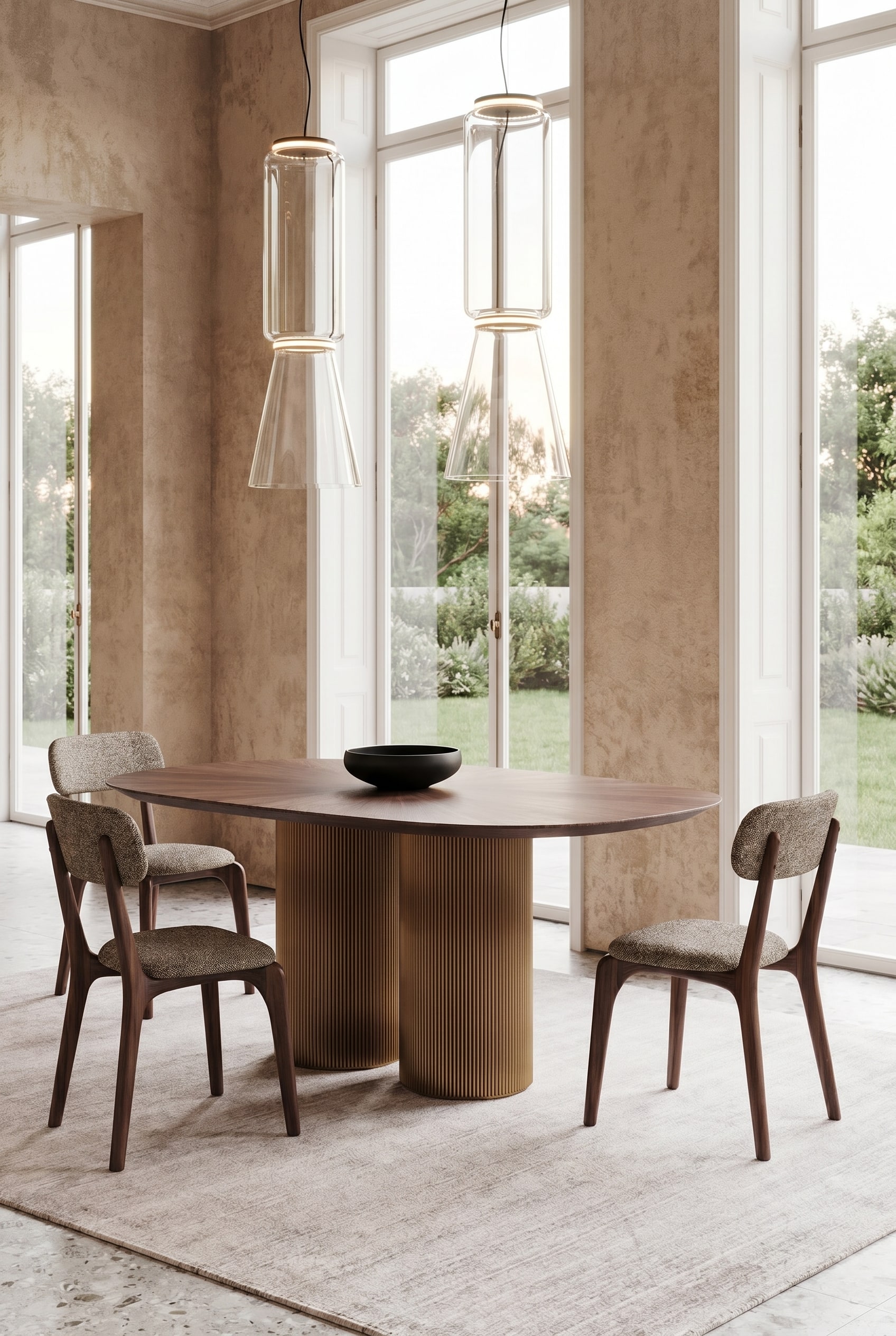 Minimalistische eetkamer met grote eettafel van notenhout, beige gestoffeerde stoelen en een zwarte keramische schaal