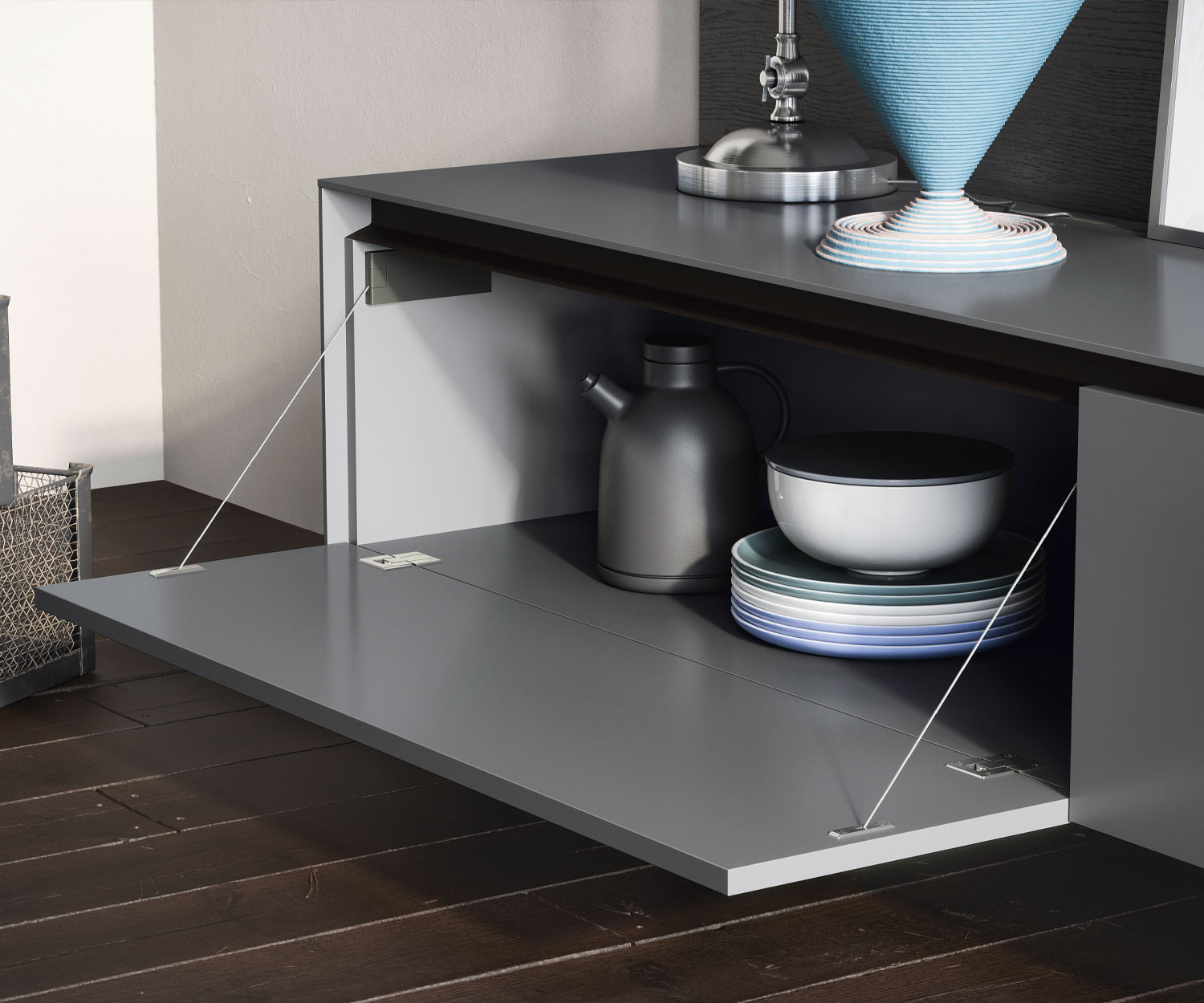 Design Wohnwand Novamobili LV016 im Detail die geöffnete Klapptür mit hellgrauer Innenraumfarbe