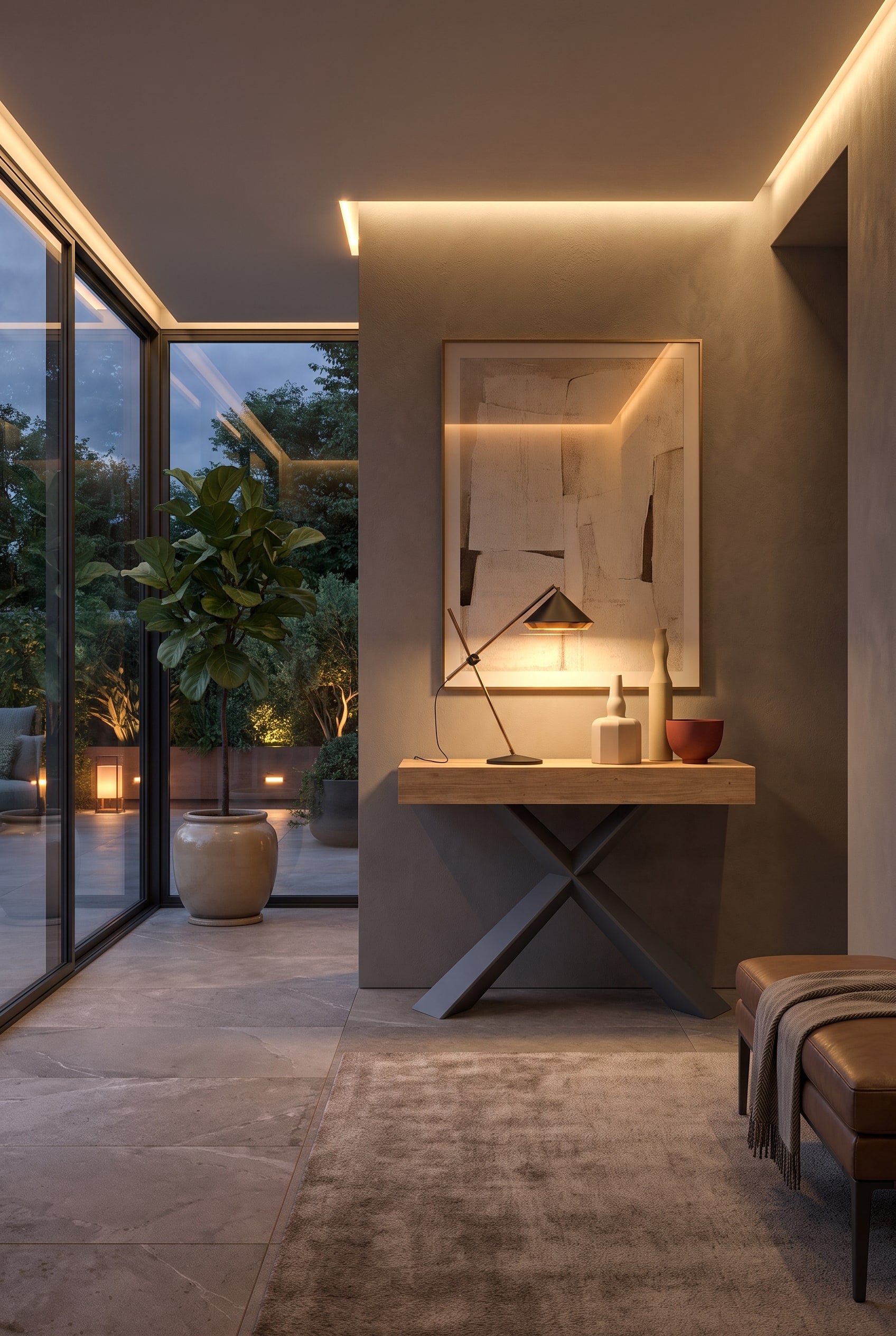Ingresso dal design moderno con una elegante consolle in legno e gambe incrociate in metallo