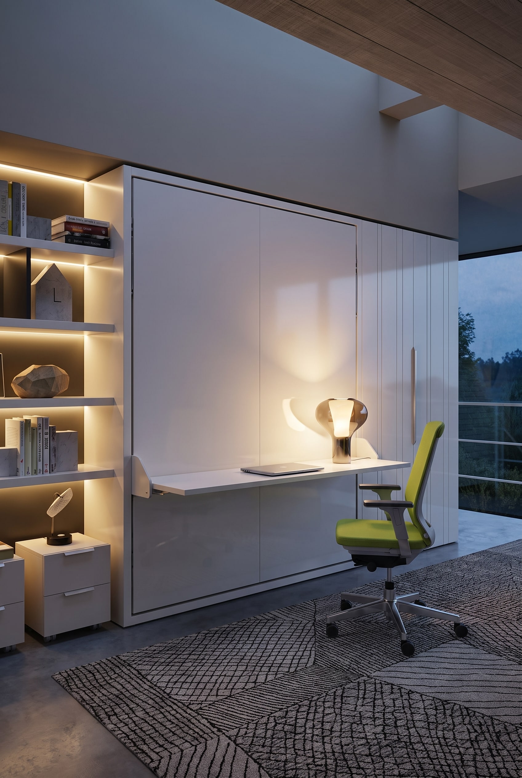 Moderno home office in una compatta camera per gli ospiti con una delicata isola di luce sopra un elegante letto a scomparsa con scrivania integrata.