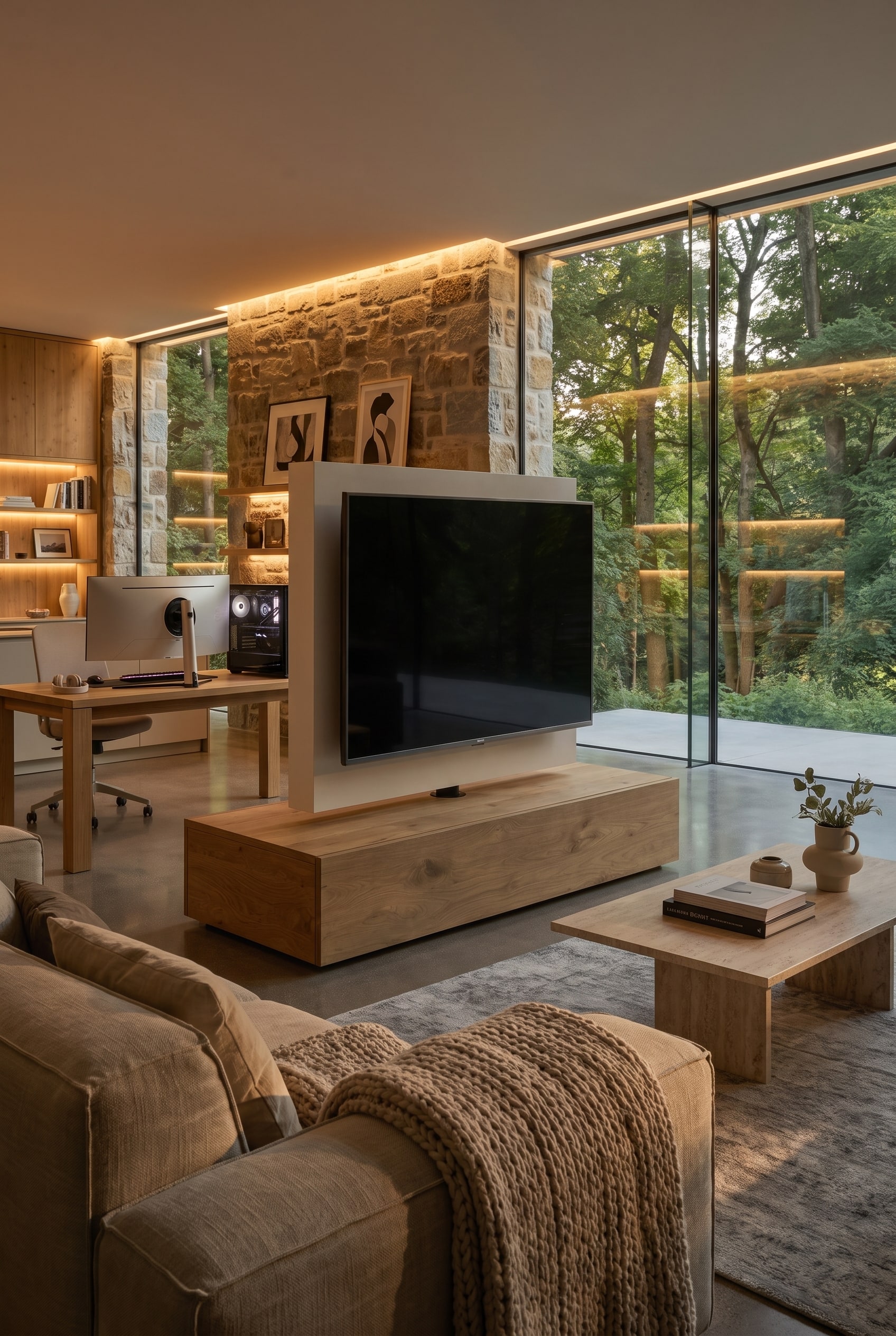 Een open roomdivider van eikenhouten latten, met in het midden een scherm dat aan een rotatieas hangt en tussen werkplek en loungegedeelte kan draaien.