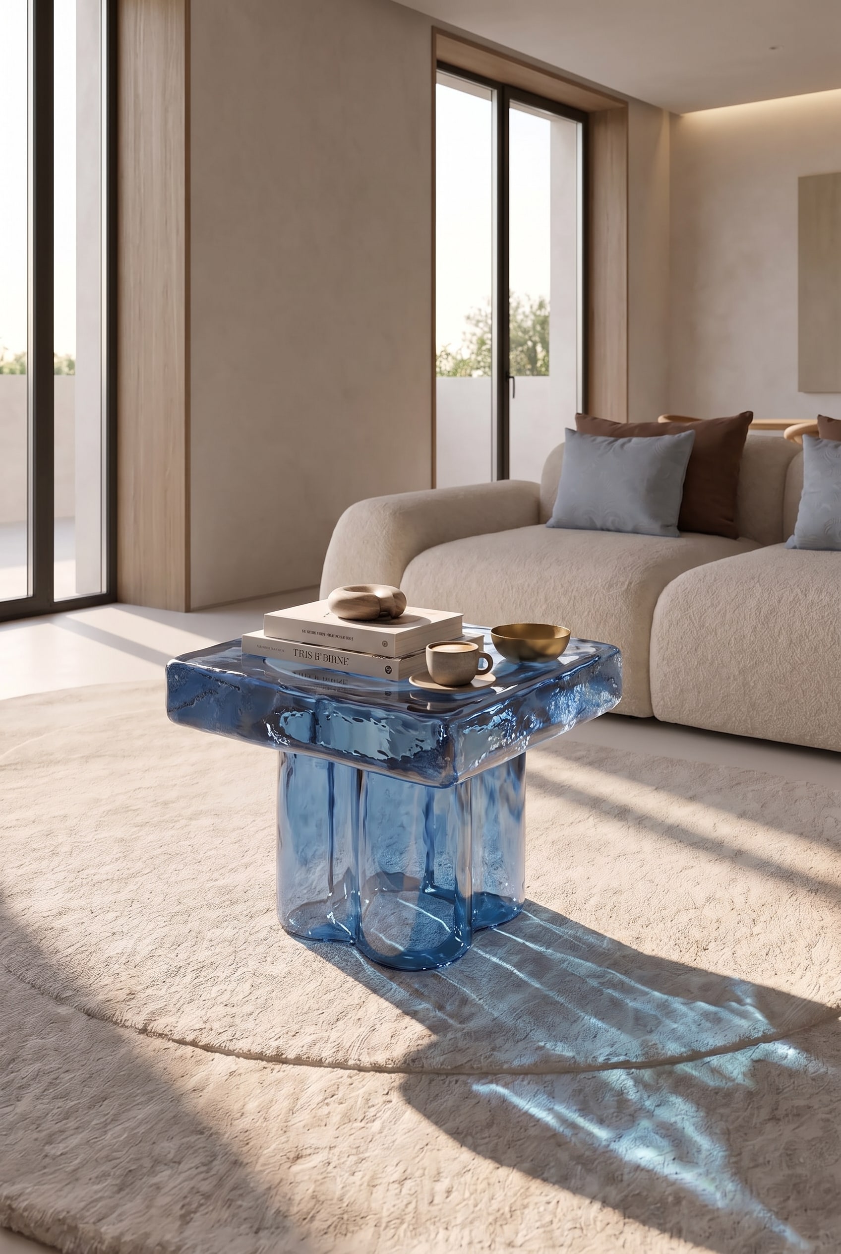 Lichte woonkamer met een vierkante salontafel van transparant amberkleurig Muranoglas op een gestructureerd wollen tapijt.