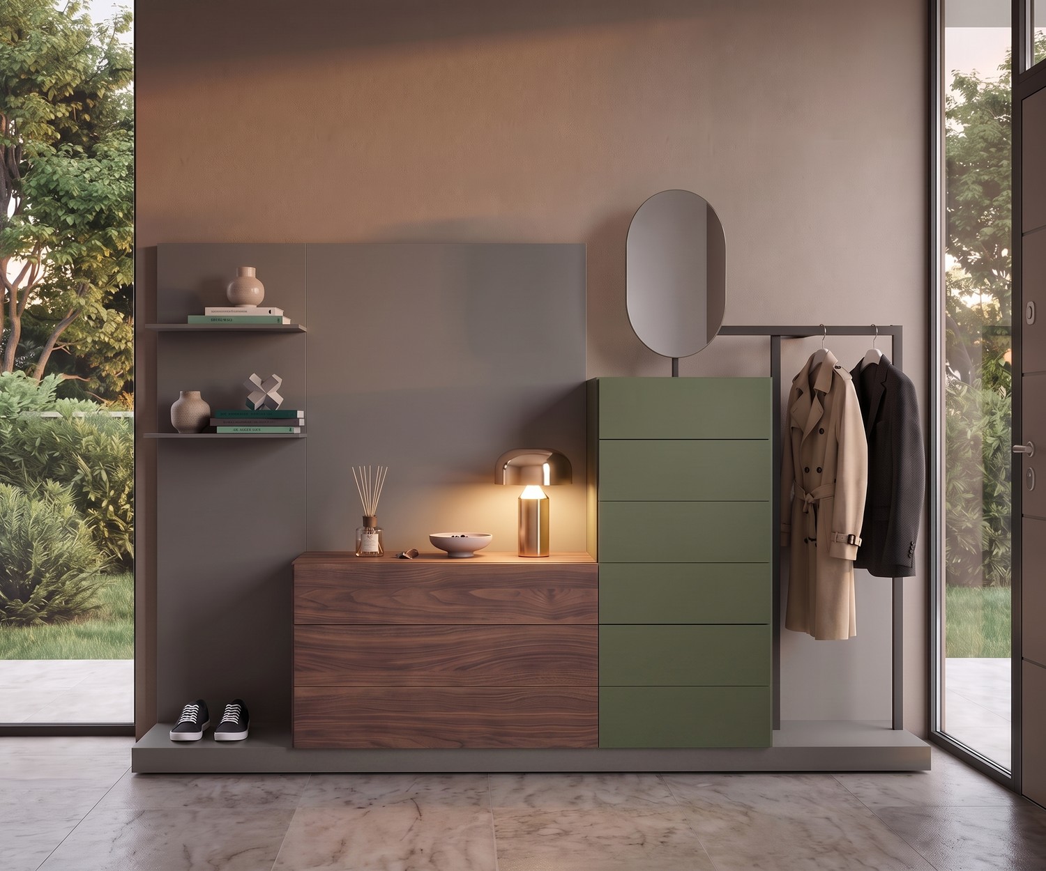 Hallway wardrobe Novamobili Easy 9 chest of drawers with clothes rack and mirror in green and walnut, modern design.