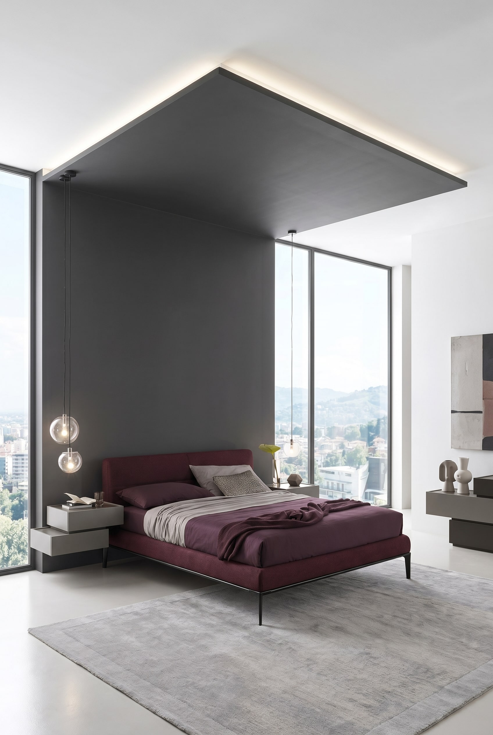 Elegante letto imbottito con rivestimento bordeaux sotto un soffitto a vela dipinto a colori