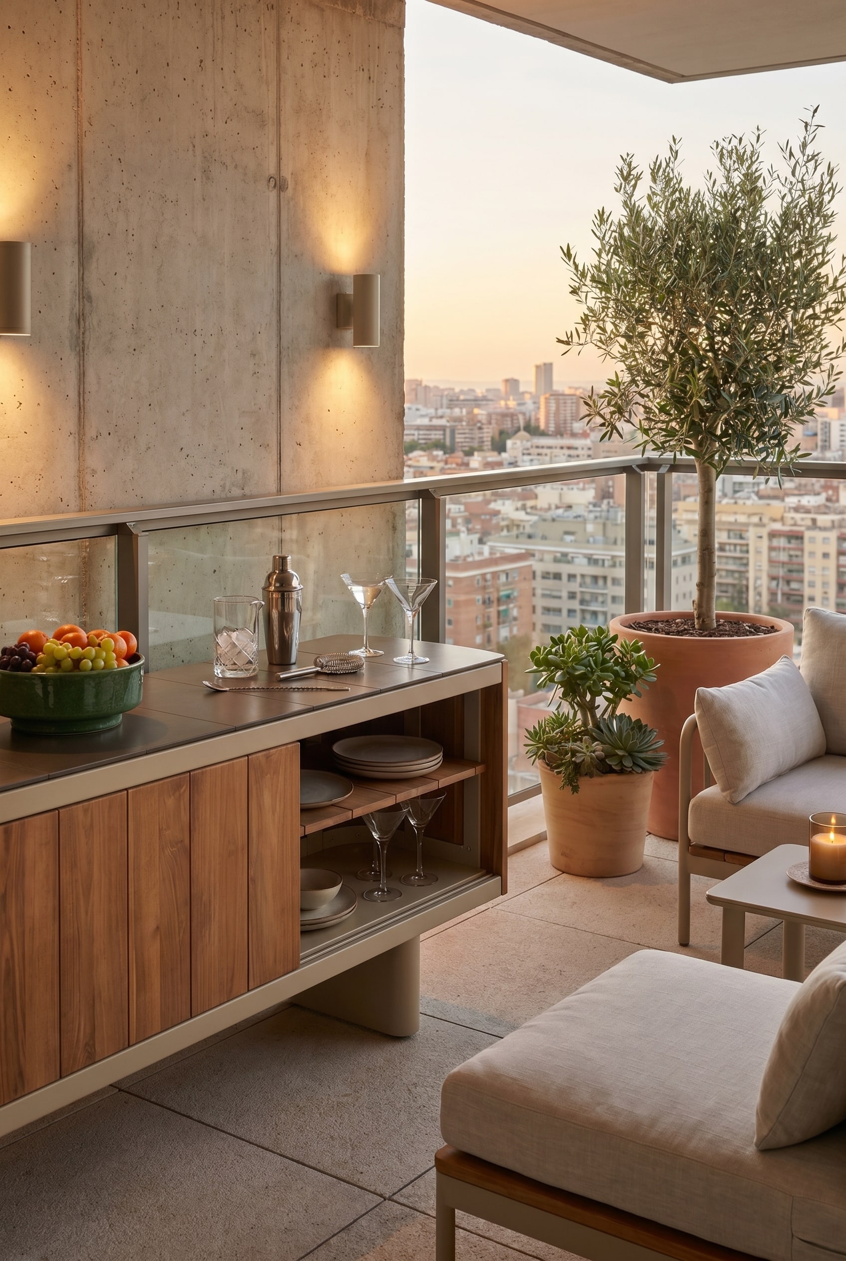 Credenza da esterno di alta qualit&agrave; in legno di teak con piano in ceramica scura su un balcone cittadino, con bicchieri da cocktail sopra