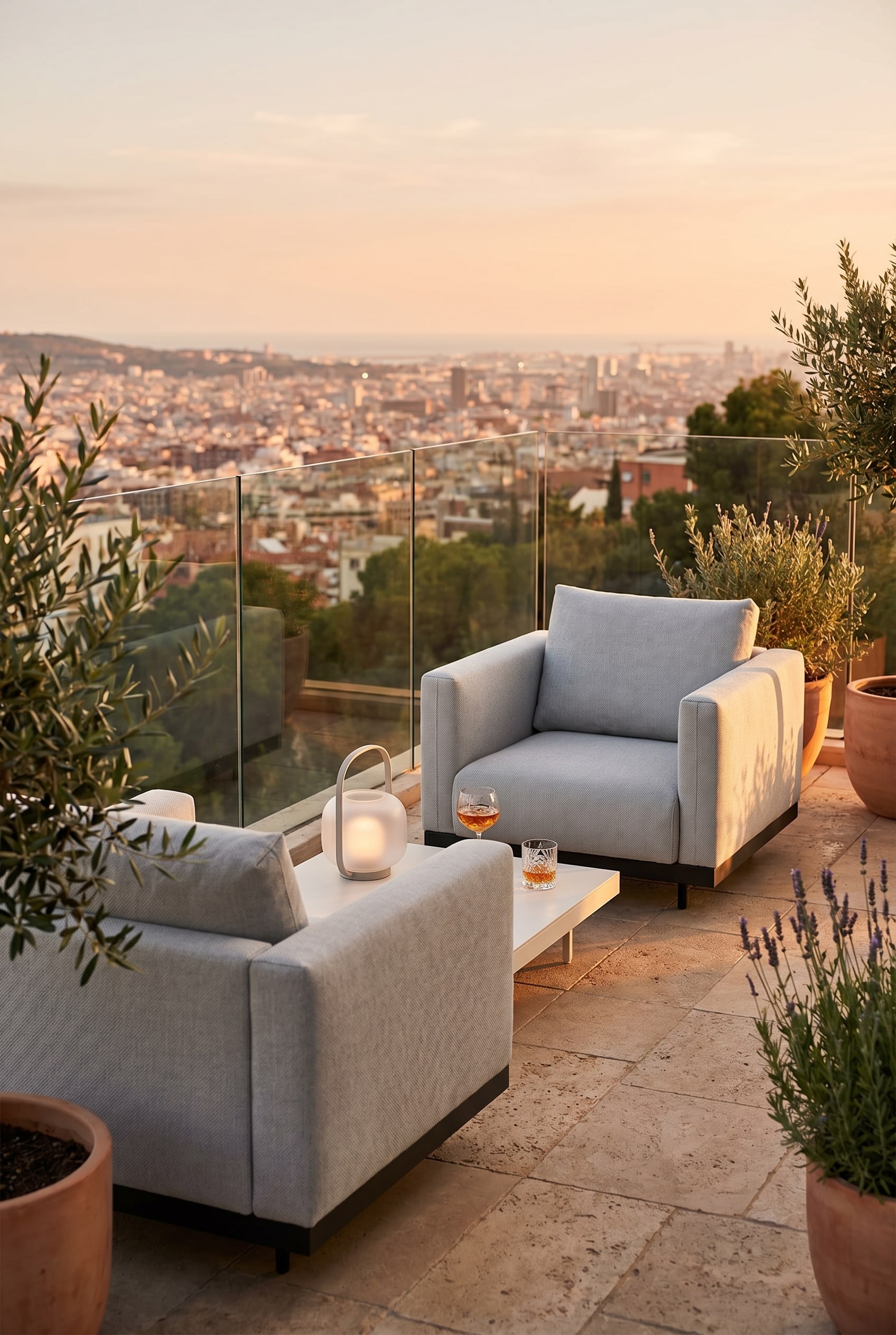 Balcone minimalista con poltrona outdoor cubica profonda in grigio chiaro davanti a un muro di pietra