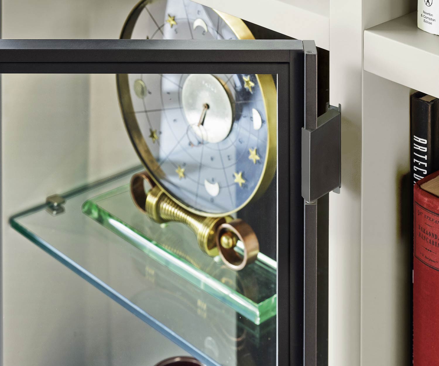 Design bookcase with ladder and glass cabinet and 180° hinges Design bookcase with ladder and glass cabinet and 180° hinges