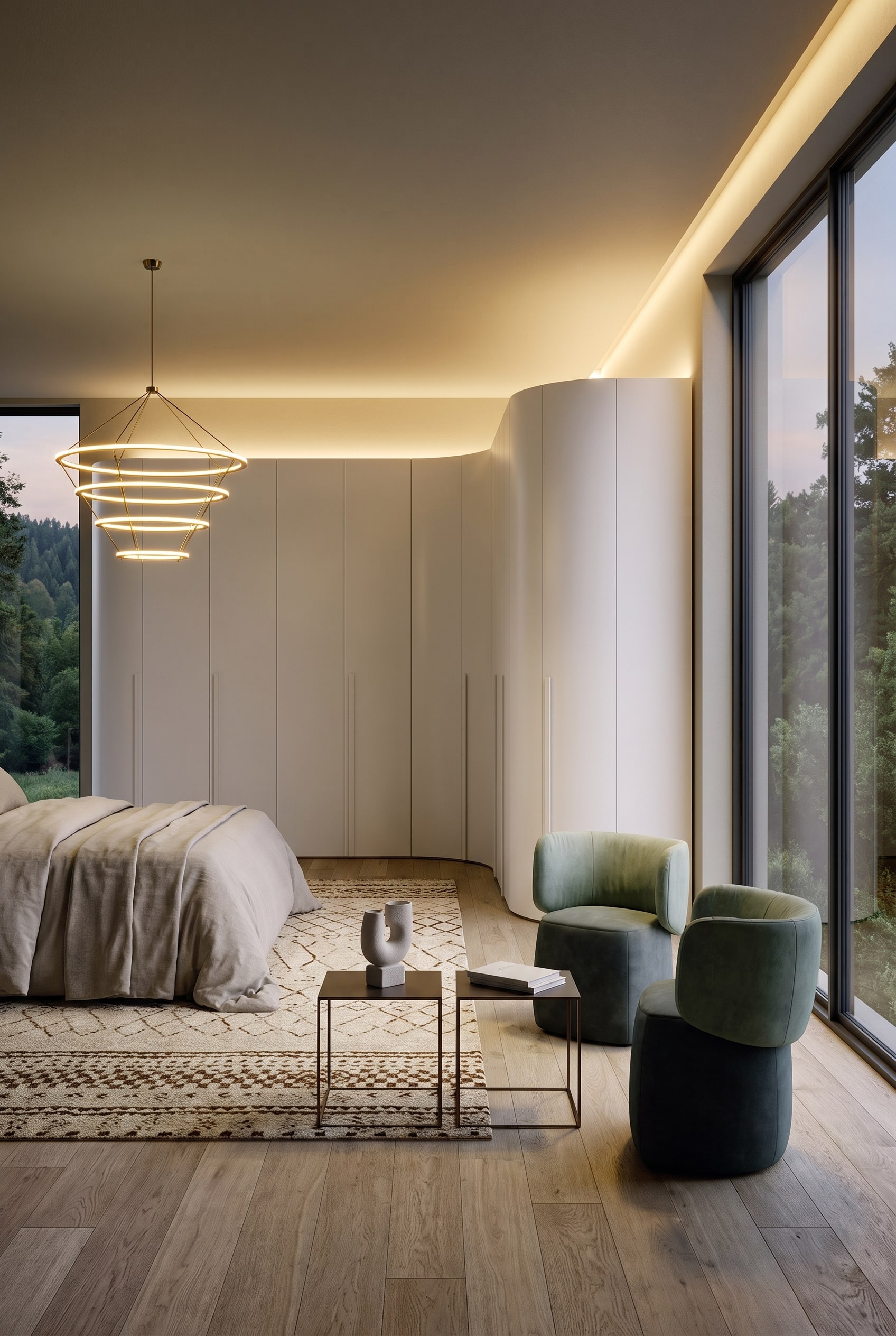 Elegante slaapkamer met een matwitte kledingkast, die aan de rechterkant een zachte, gebogen hoekoplossing heeft, op een lichte houten vloer