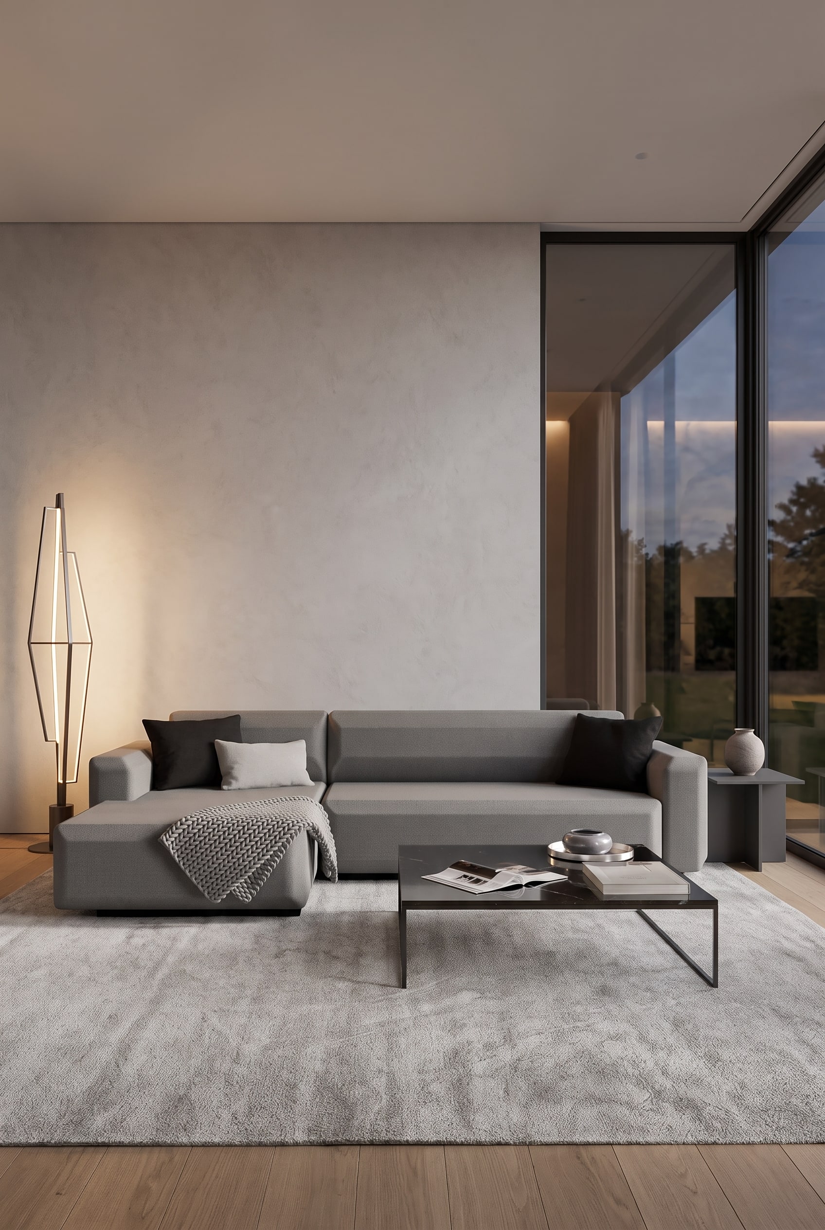 Elegant living room with a graduated grey sofa bed, a textured wall, and darker decorative cushions