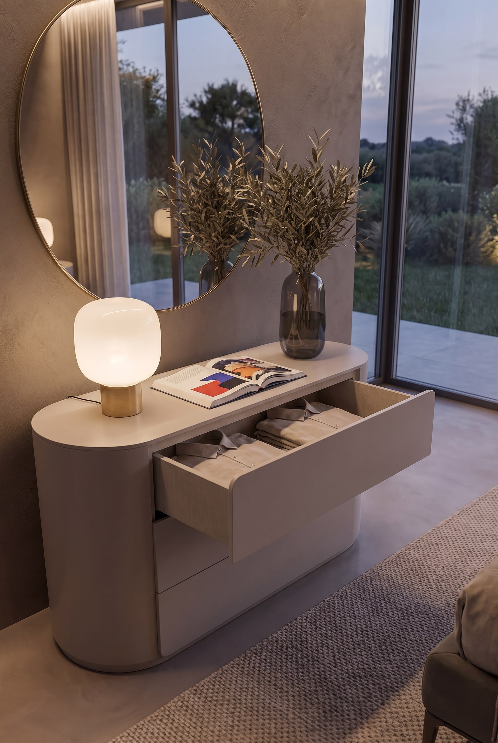 Geopende lade van de Livitalia ladekast, toont gevouwen overhemden en het netjes afgewerkte interieur.