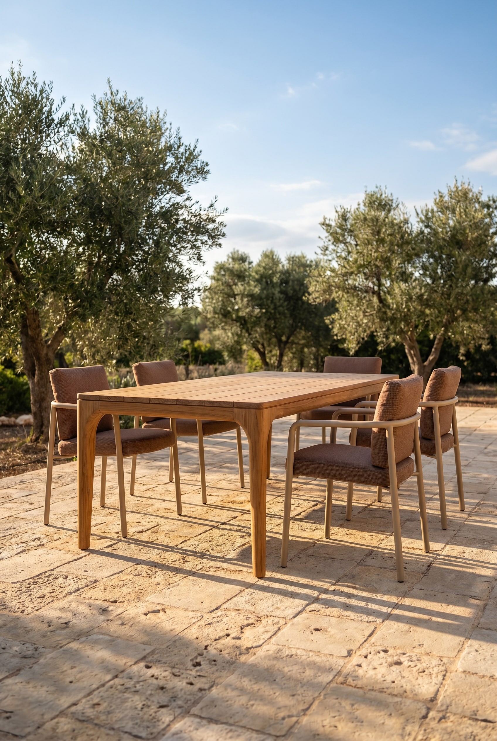 Terrasse m&eacute;diterran&eacute;enne en pierre avec une table &agrave; manger massive en teck et des chaises de jardin minimalistes en acier beige