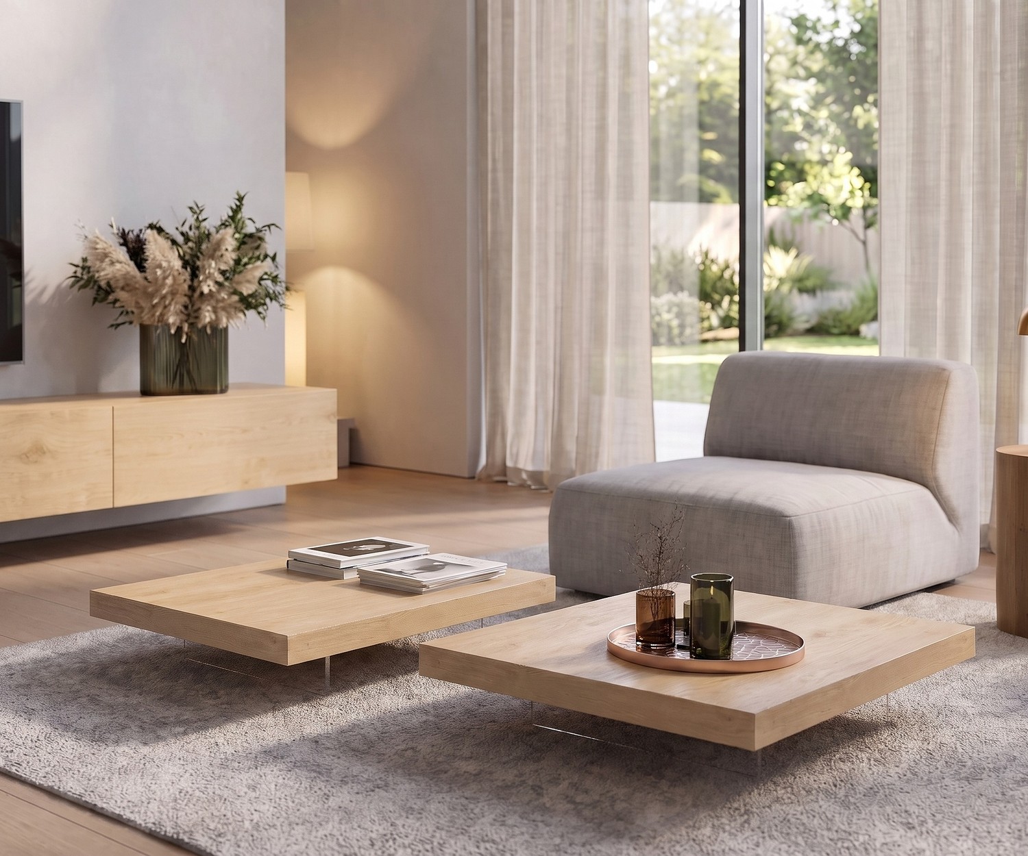 Livitalia Couchtisch Low flacher Wohnzimmertisch aus hellem Eichenholz im modernen minimalistischen Wohnzimmer.