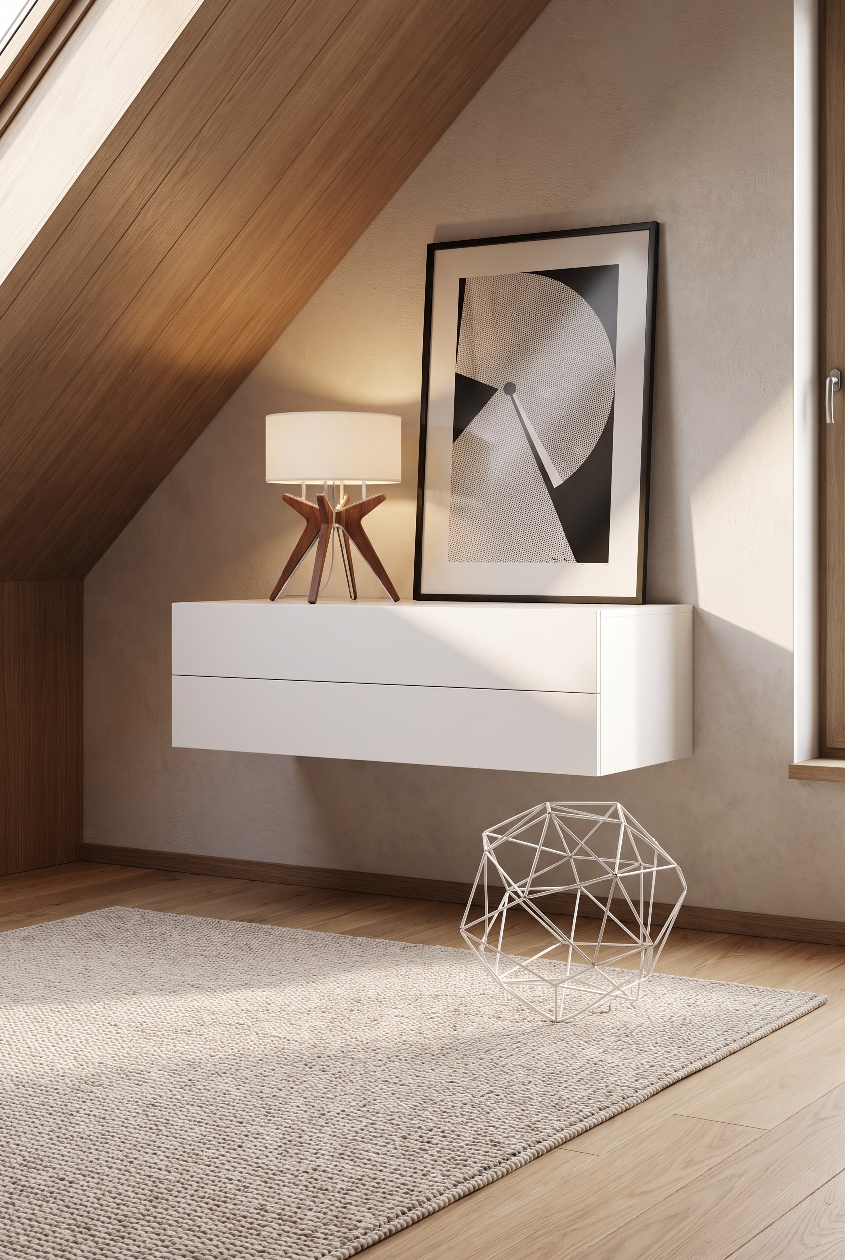 Een minimalistische Novamobili hangcommode geplaatst tegen een muur in een kamer met een schuin dak, die optische ruimte cre&euml;ert door een vrije vloeroppervlakte.