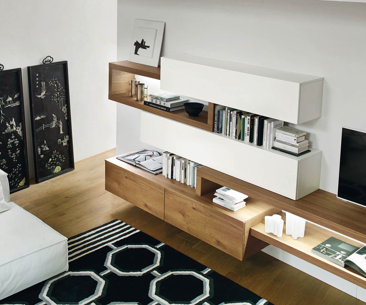 Exklusive Livitalia Design Wohnwand C25 mit Hängeschränken und TV Design Lowboard