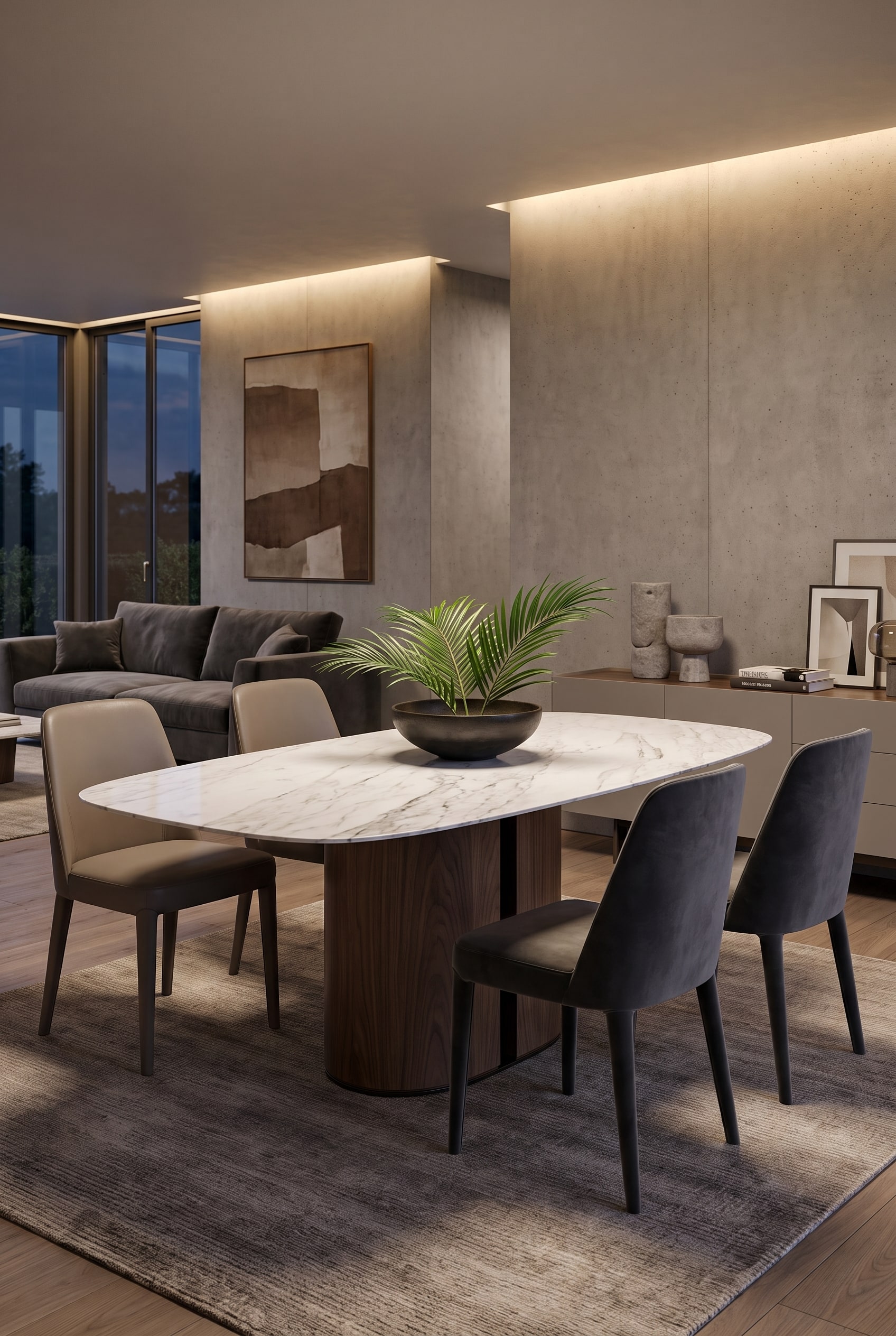 Een moderne al2 el-it c 001 eettafel van warm hout in een puristische eetkamer met zichtbetonwanden