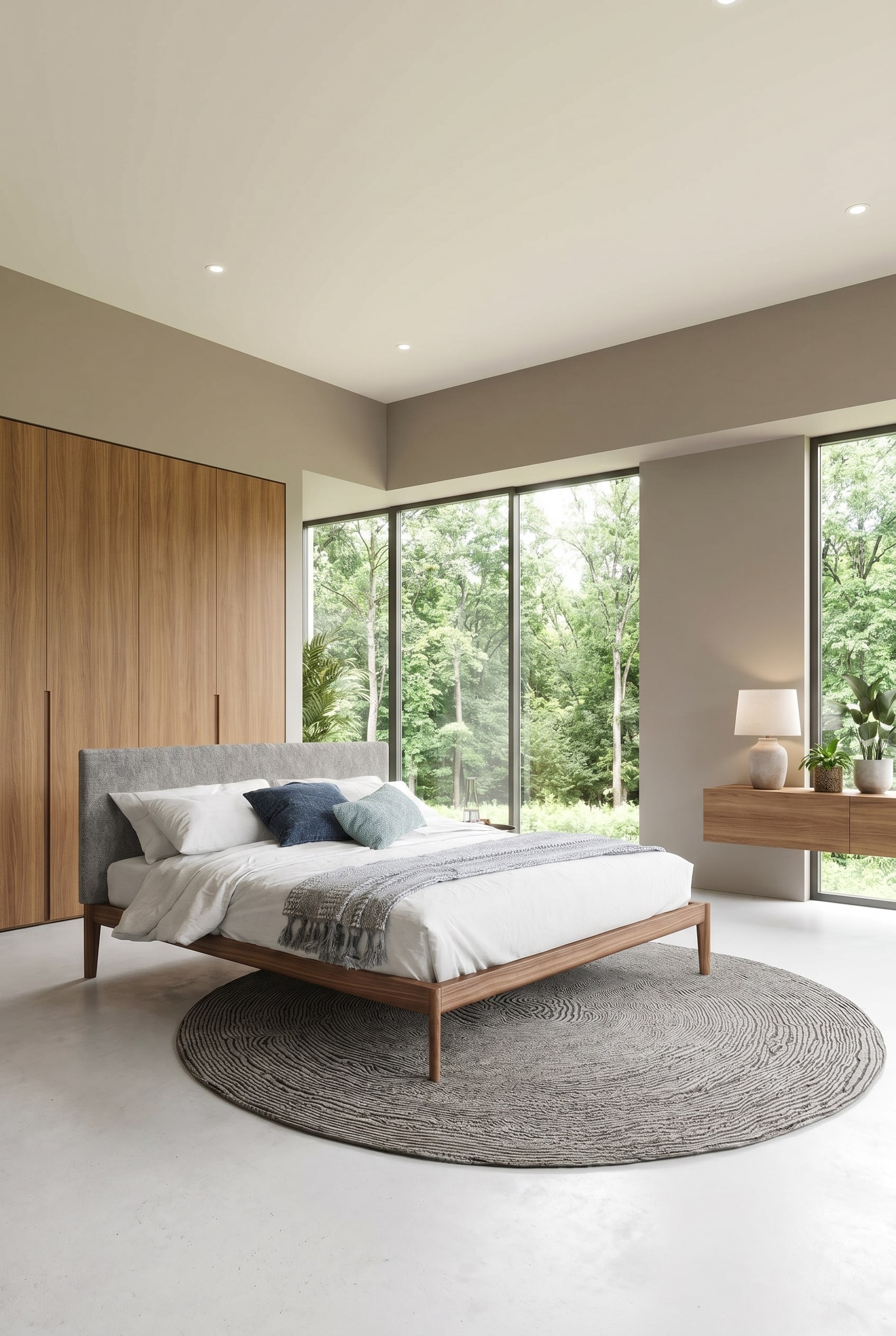 Helles Schlafzimmer mit puristischem Massivholzbett, beiger Leinenbettw&auml;sche und rundem Teppich