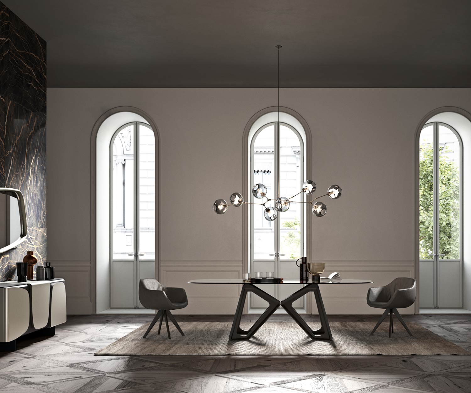 Designer Tisch von Ozzio Papillon im Wohnzimmer mit durchsichtiger Glasplatte Eichen Gestell Designer Tisch von Ozzio Papillon im Wohnzimmer mit durchsichtiger Glasplatte Eichen Gestell