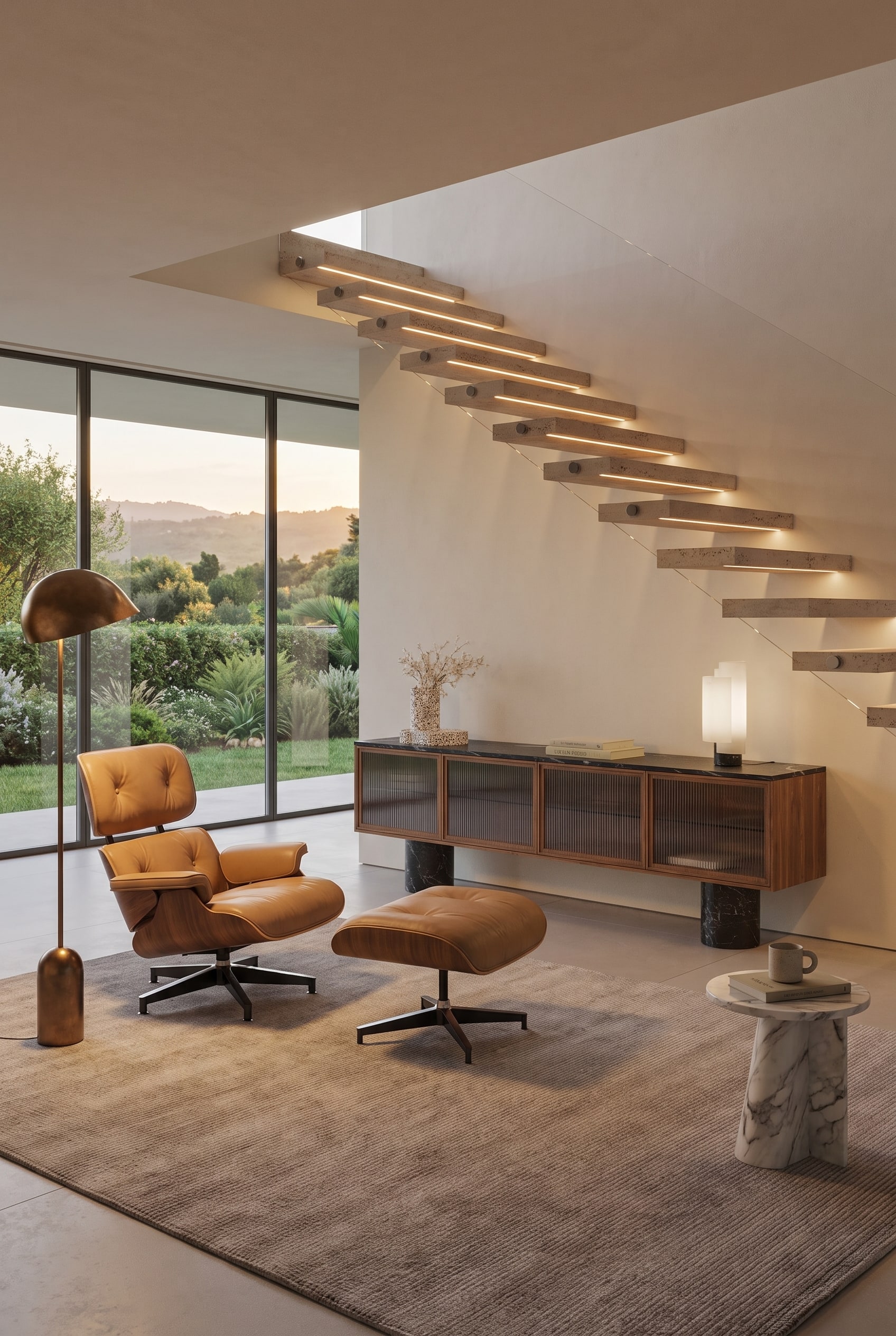 Mid-Century inspiriertes Wohnzimmer mit Amerikanischem Nussbaum Lowboard, ledernem Lounge Chair und warmer Stehleuchte