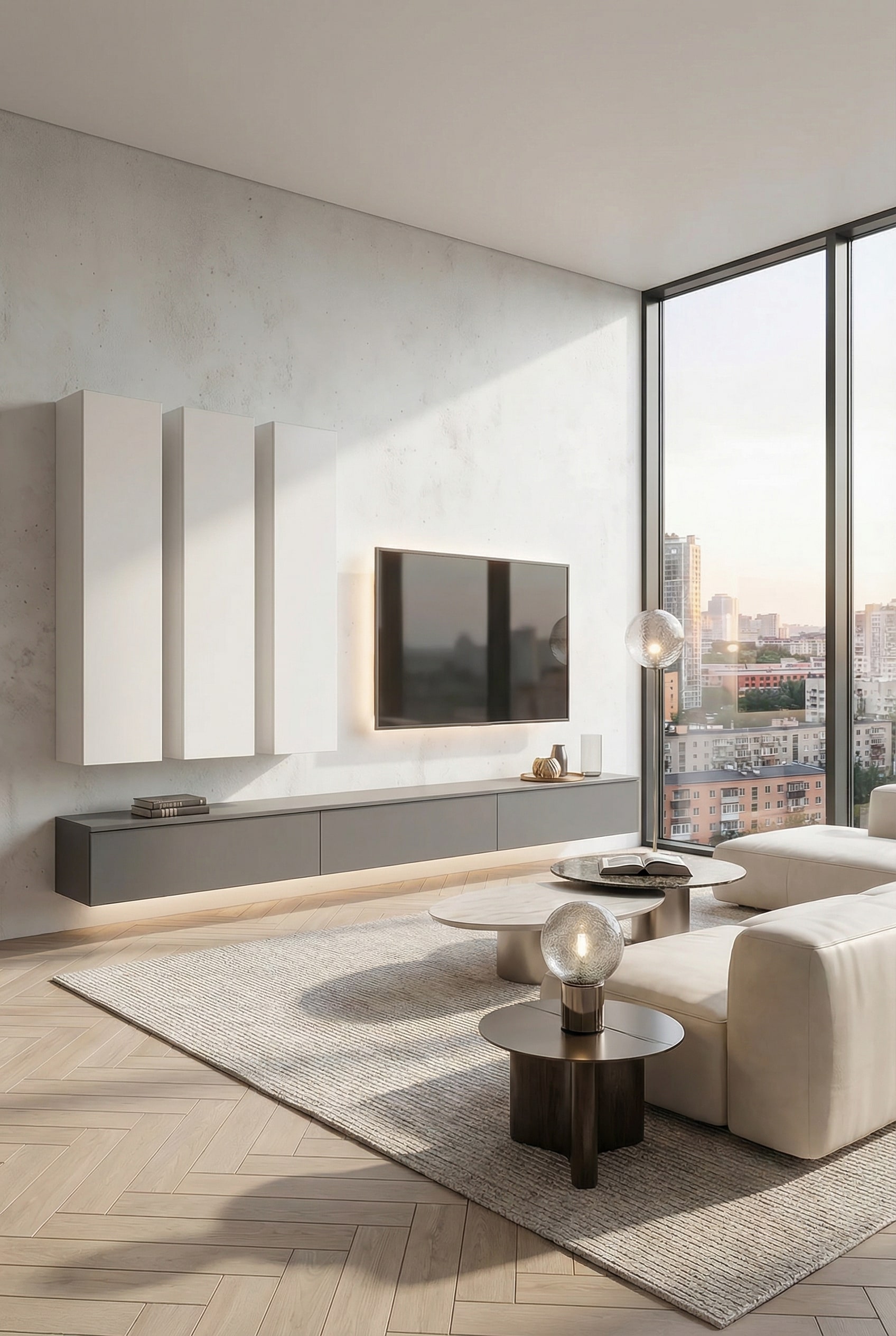 Wall unit with slender, vertical hanging elements