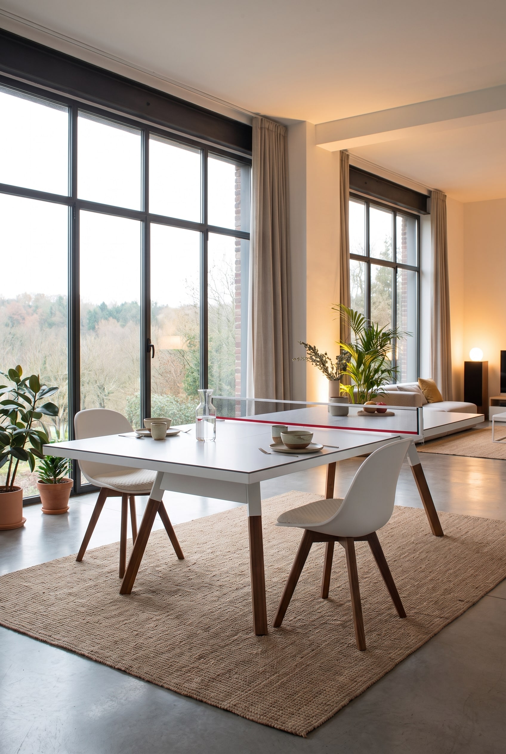 Ampia sala da pranzo loft con tavolo da ping pong bianco trasformato in tavolo da pranzo, gambe in legno e due sedie di design