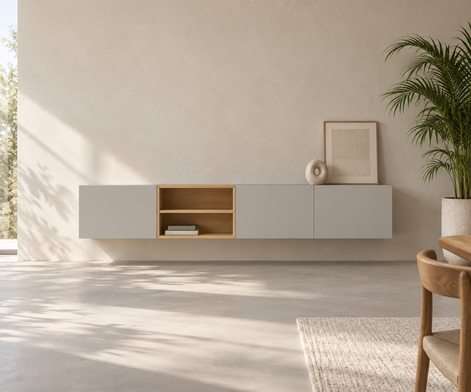 Livitalia Box 18 Wand Sideboard 240 cm – Matt Hellgrau + Eiche Hell