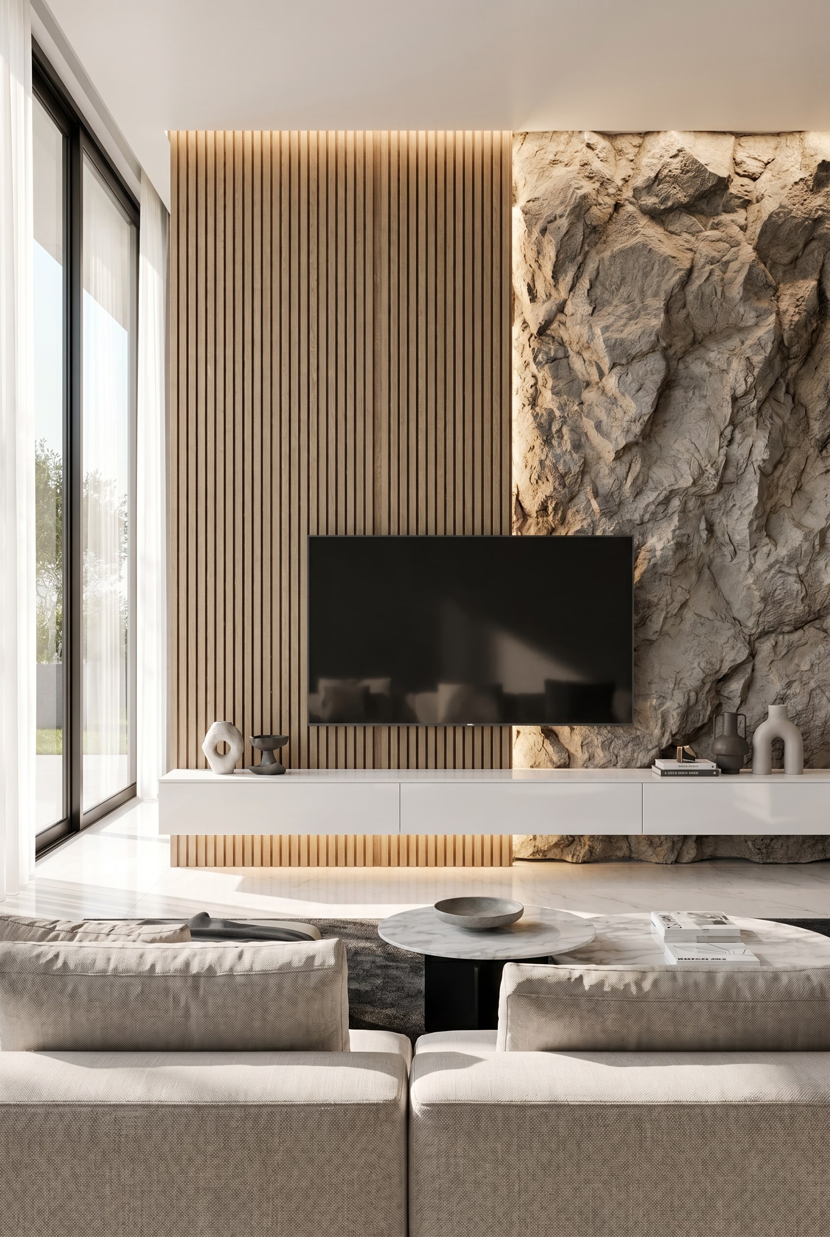 Wit modulair lowboard voor lichtgrijze wand met aangrenzende akoestische houten panelen in een moderne setting