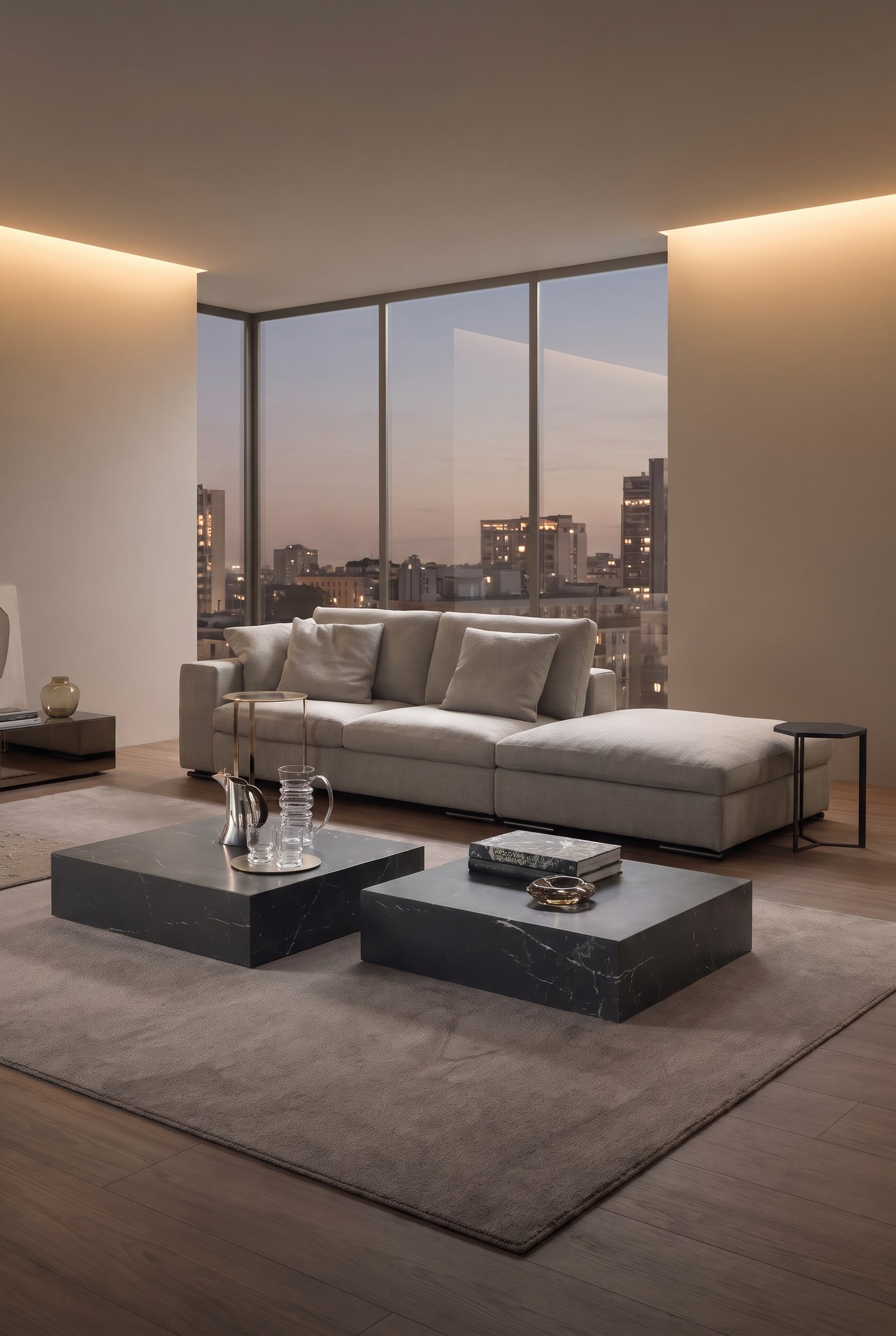 marmor couchtisch wohnzimmer ideen: Ein massiver, dunkler Marmor-Couchtisch steht als starker Kontrastpunkt in einem hellen, modern eingerichteten Wohnzimmer. marmor couchtisch wohnzimmer ideen: Ein massiver, dunkler Marmor-Couchtisch steht als starker Kontrastpunkt in einem hellen, modern eingerichteten Wohnzimmer.